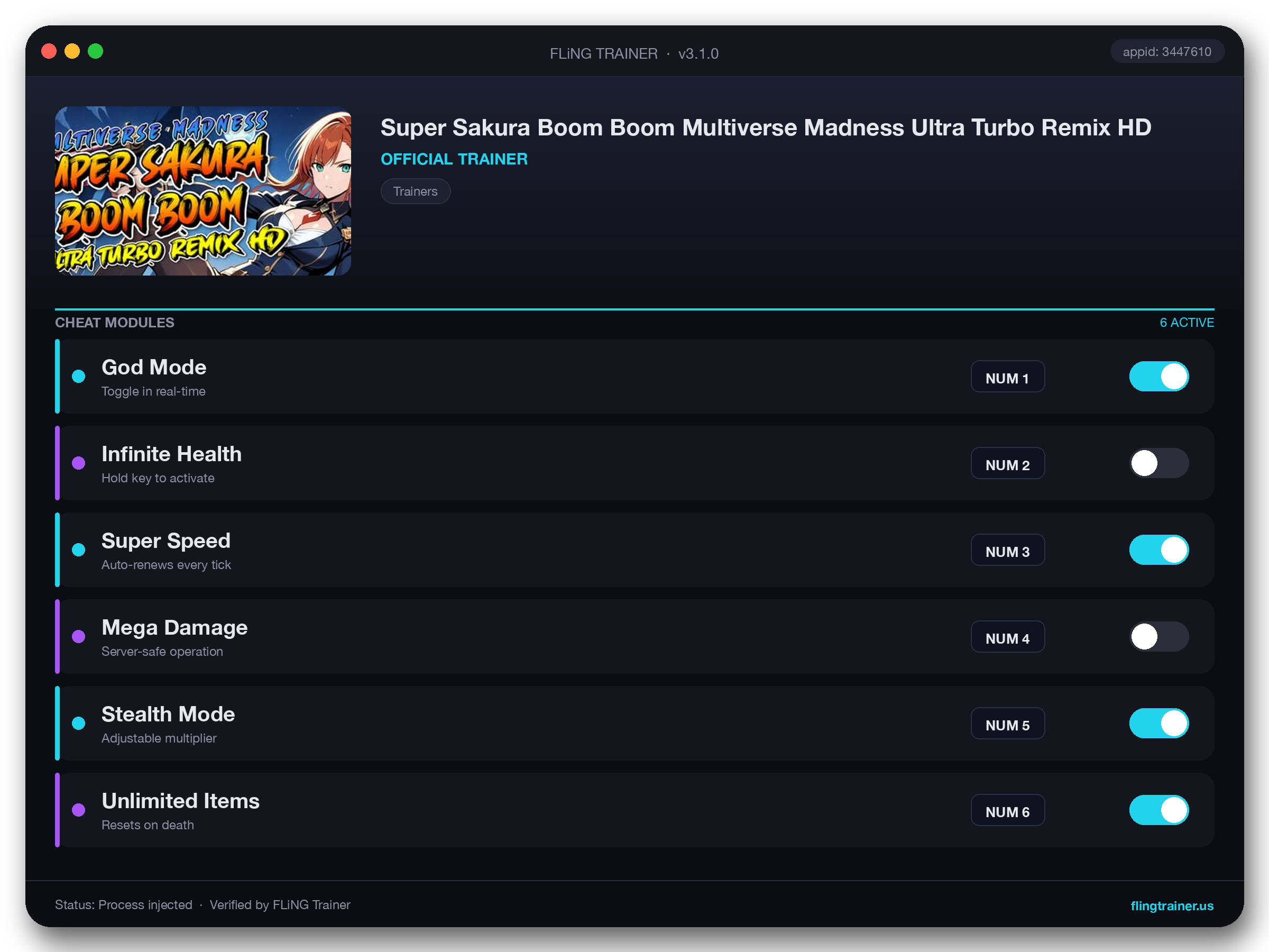 Super Sakura Boom Boom Multiverse Madness Ultra Turbo Remix HD Trainer interface