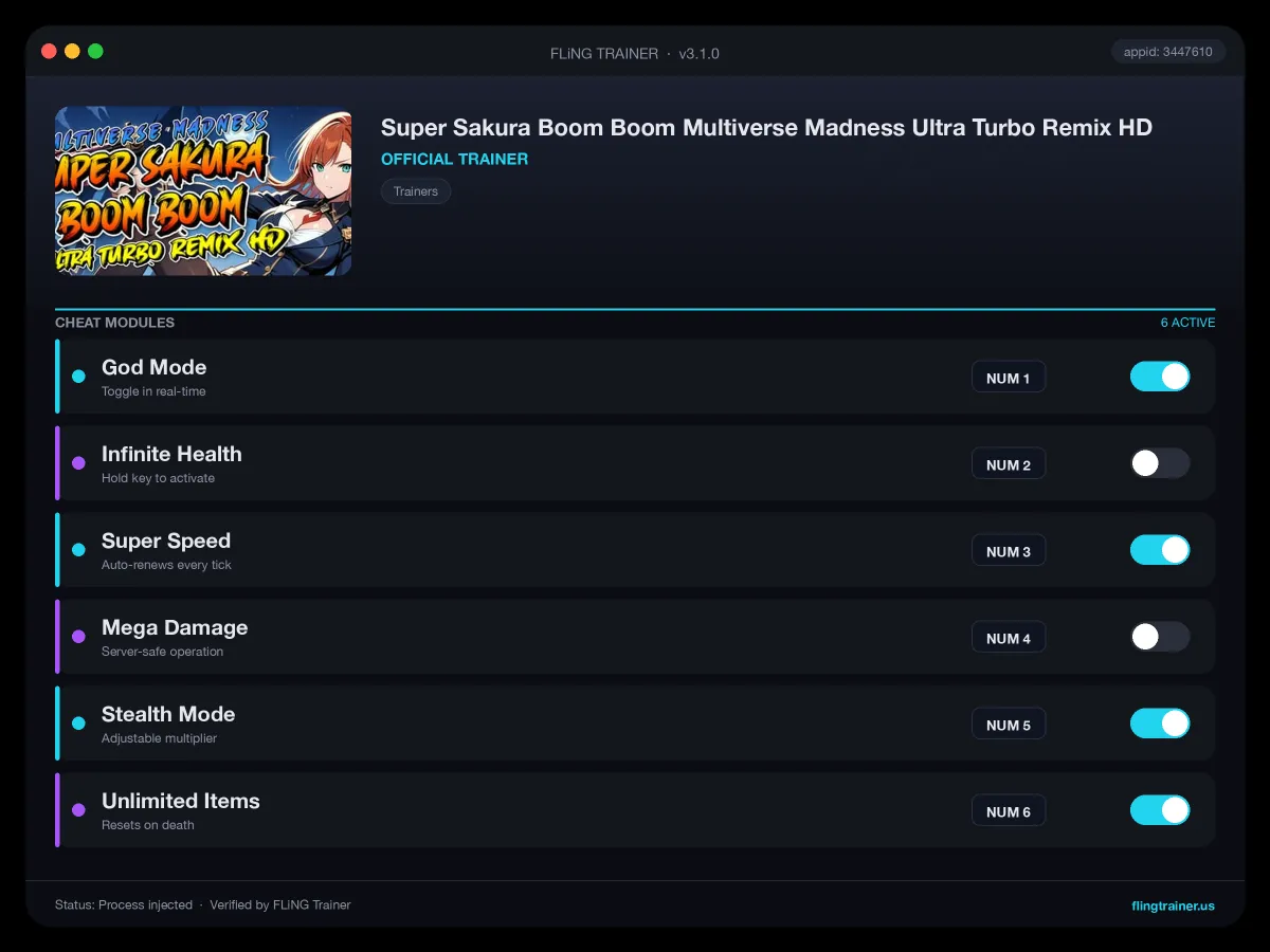 Super Sakura Boom Boom Multiverse Madness Ultra Turbo Remix HD Trainer interface