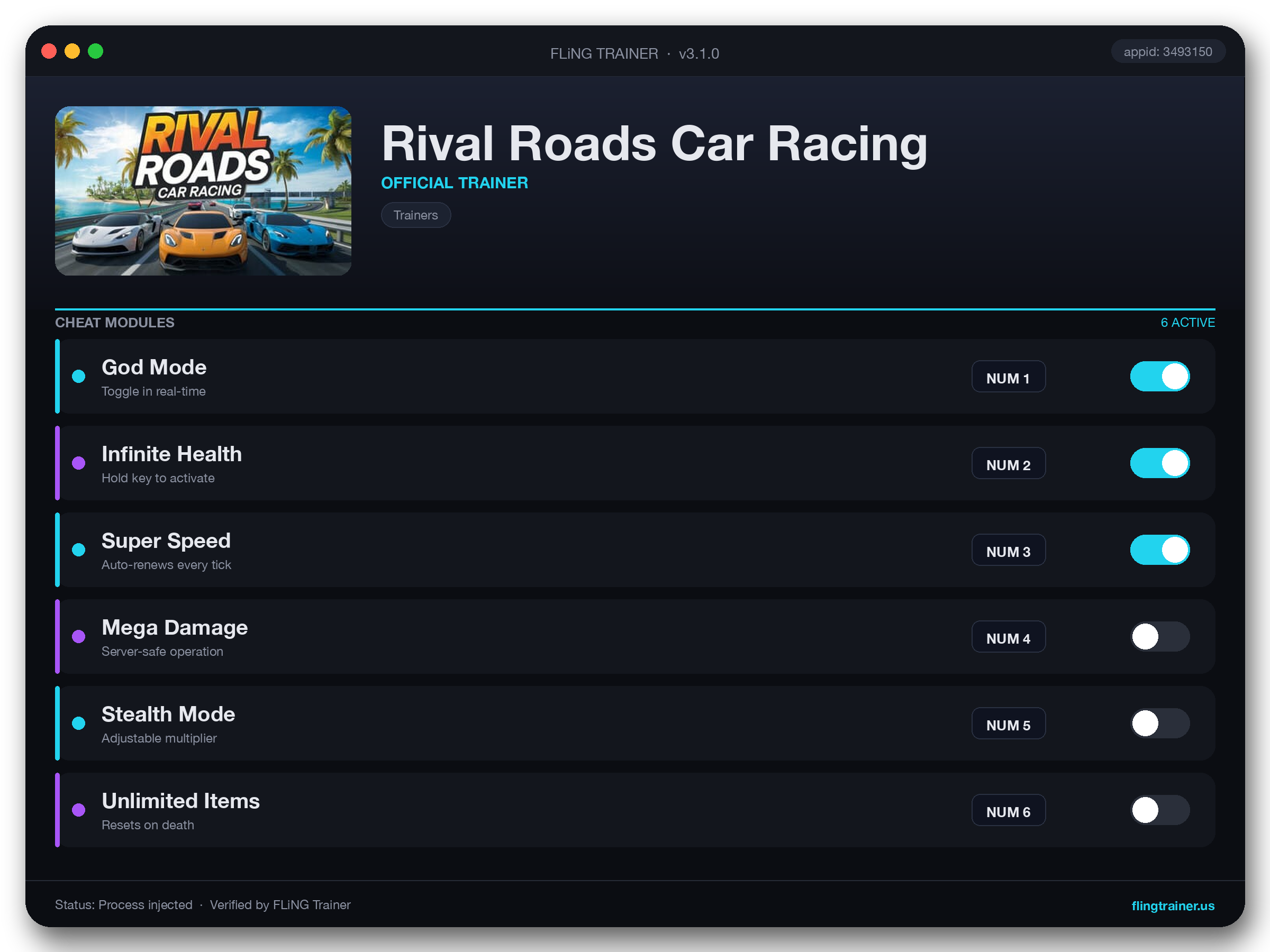 Rival Roads Car Racing Trainer interface