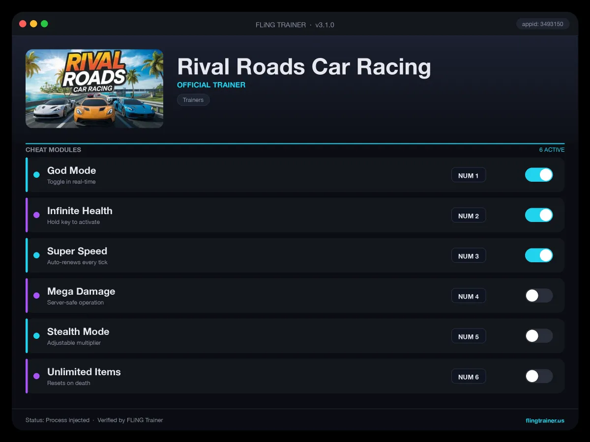 Rival Roads Car Racing Trainer interface