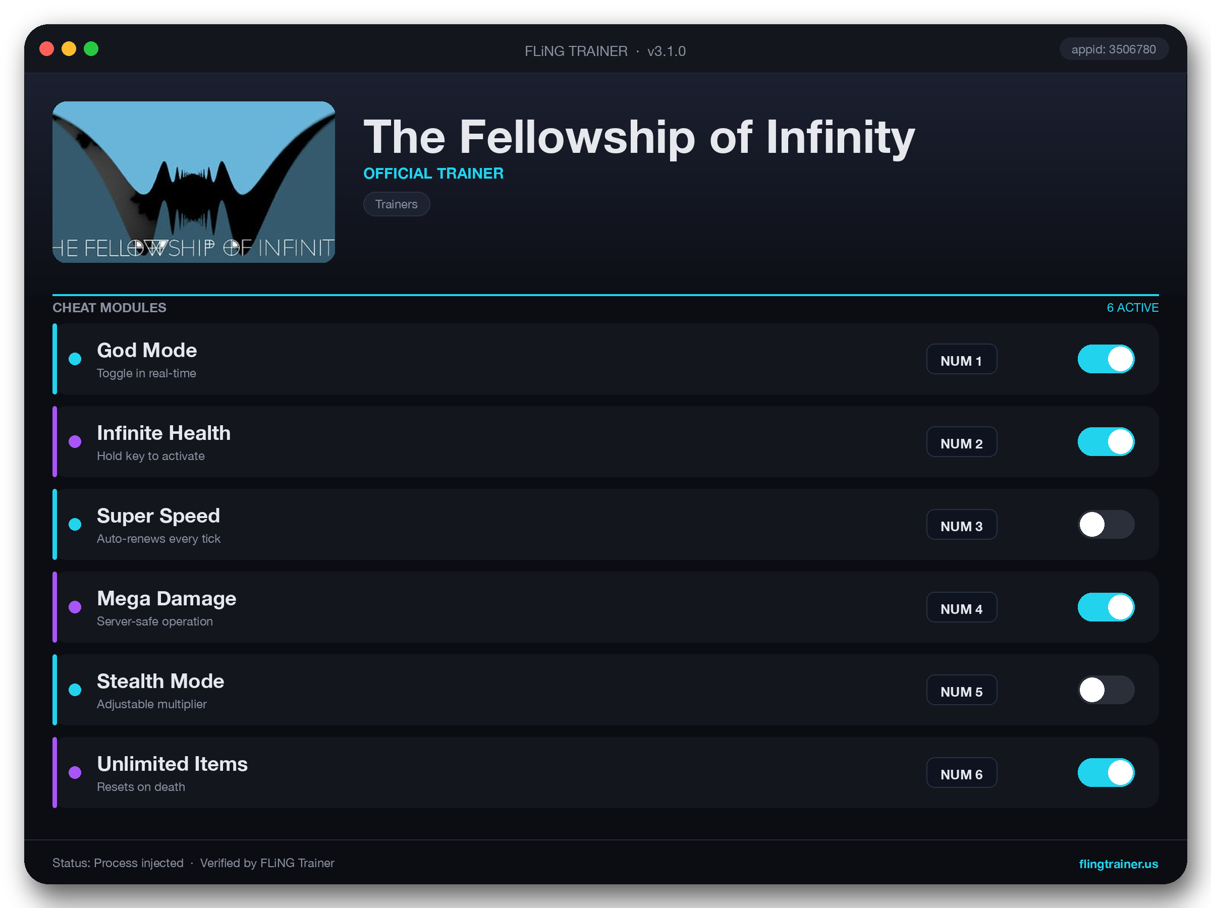 The Fellowship of Infinity Trainer interface