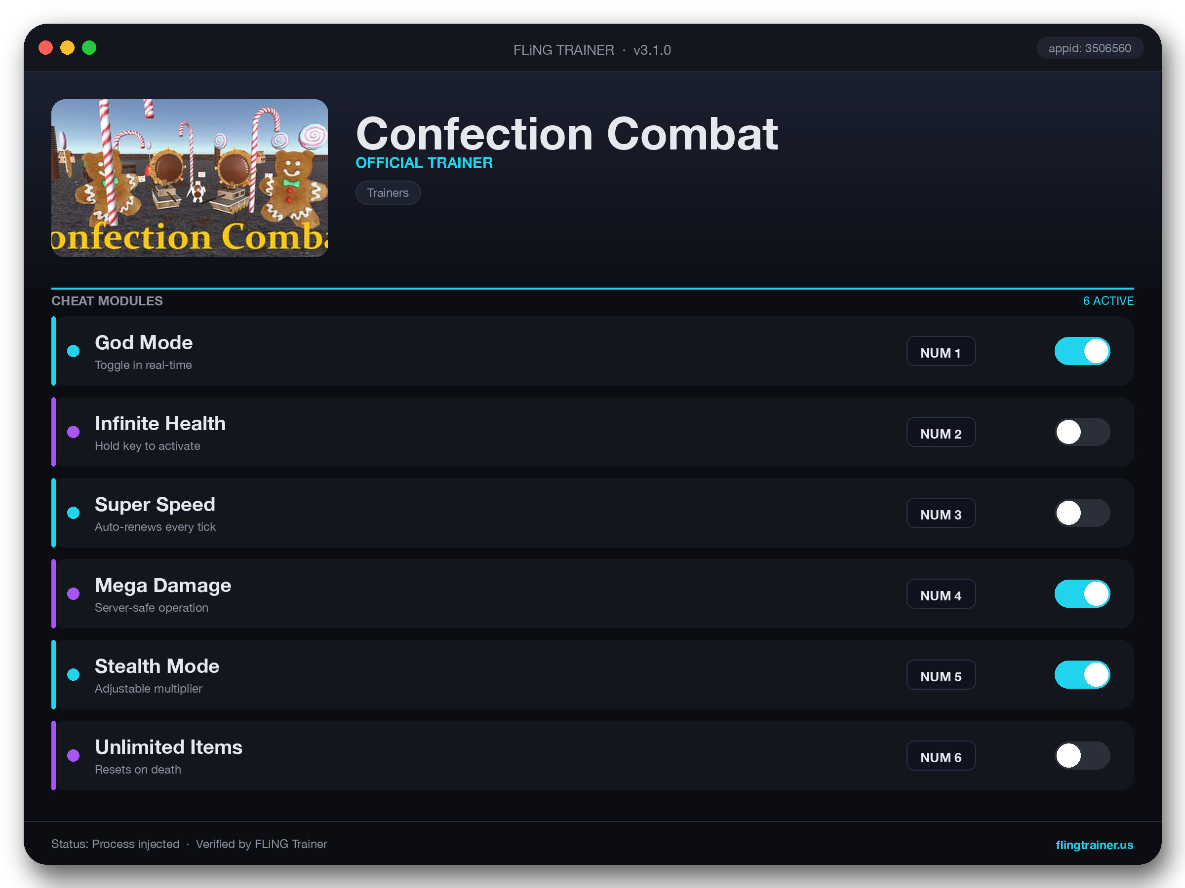 Confection Combat Trainer interface