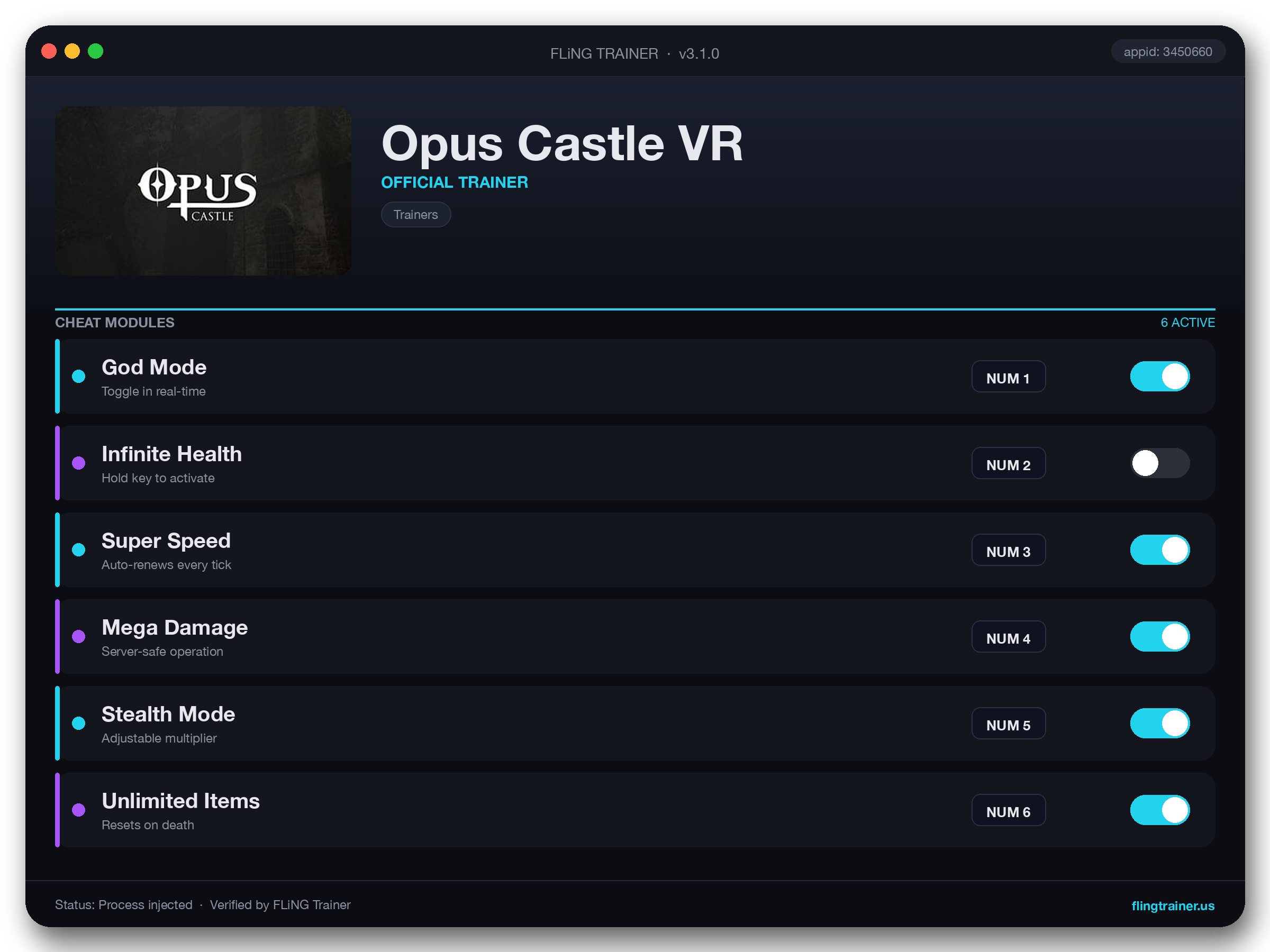 Opus Castle VR Trainer interface