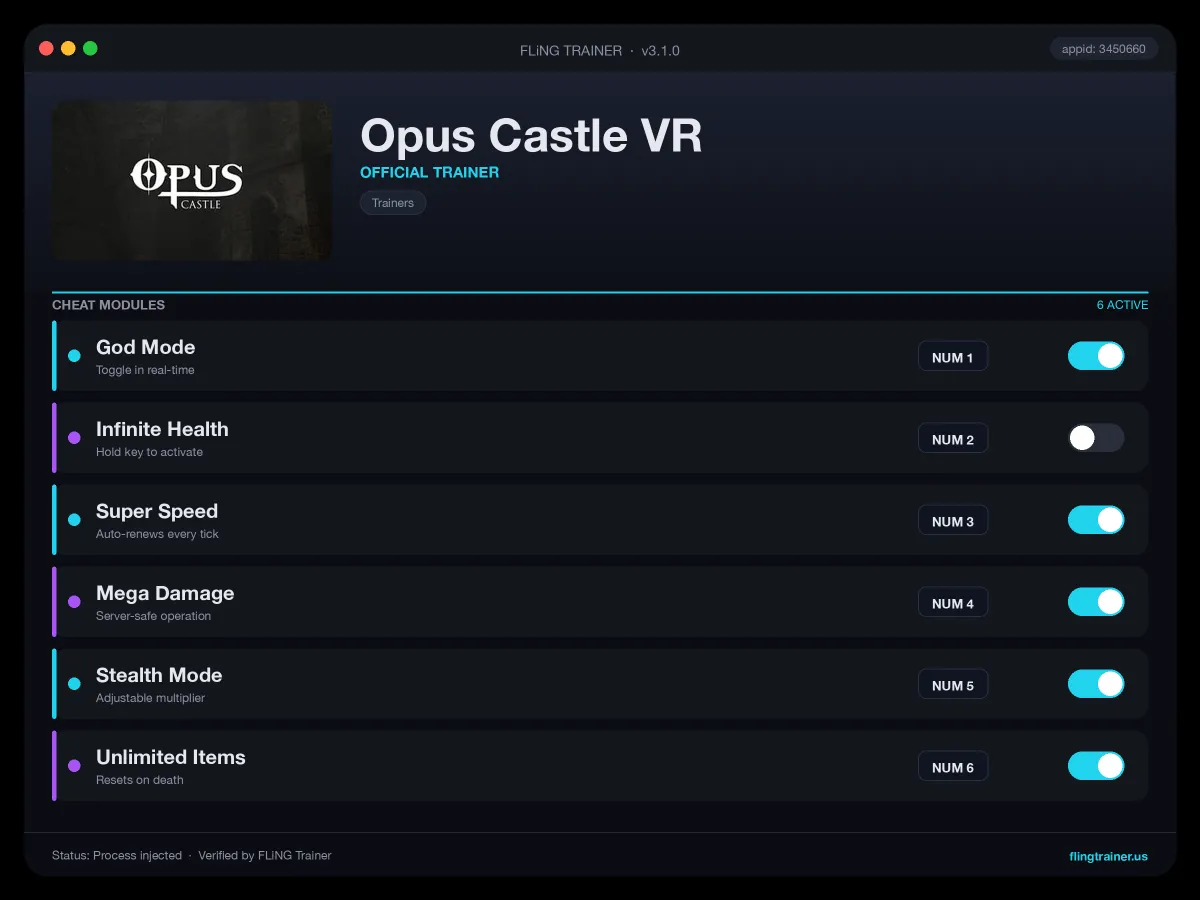 Opus Castle VR Trainer interface