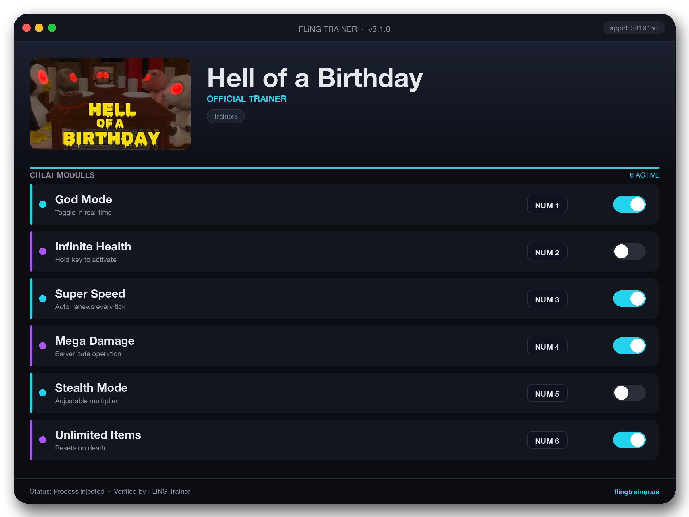 Hell of a Birthday Trainer interface