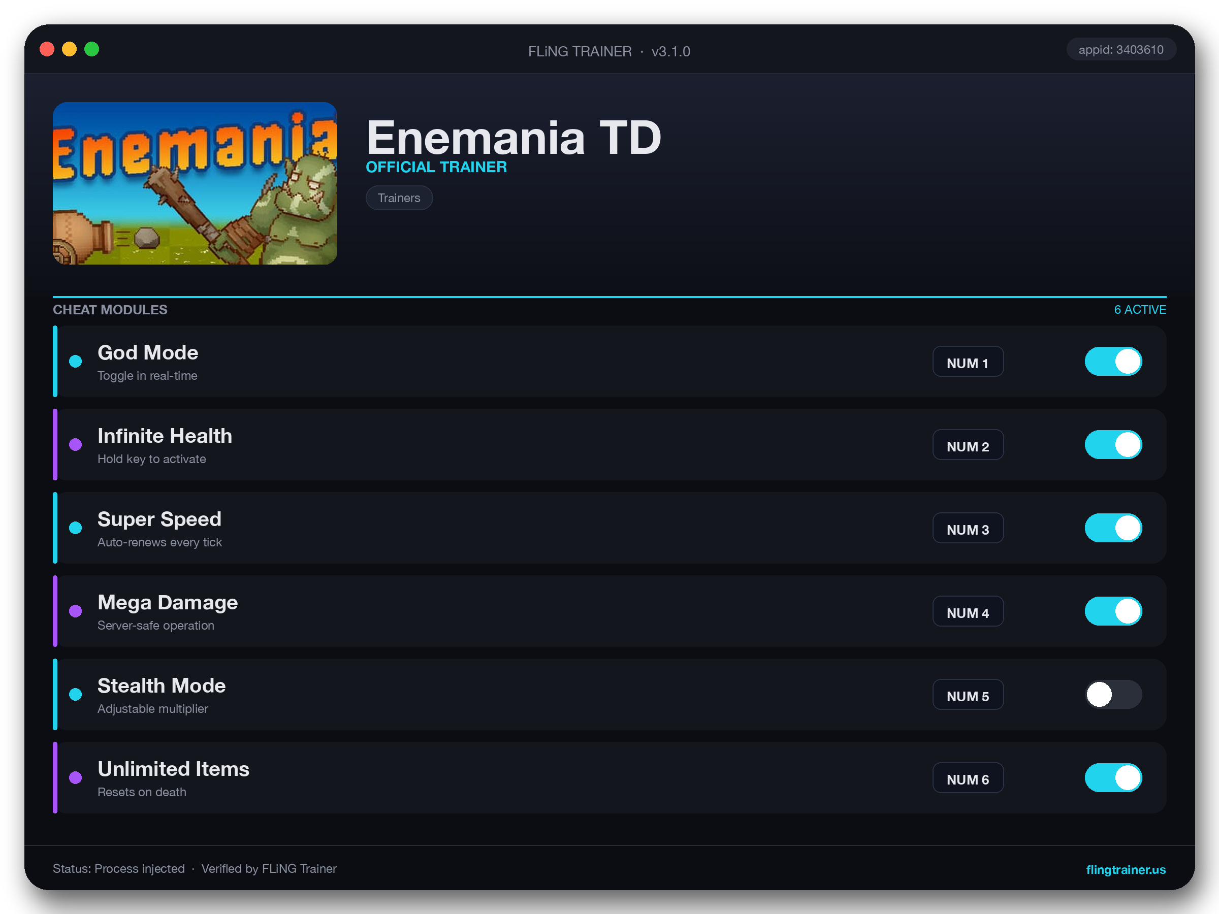 Enemania TD Trainer interface