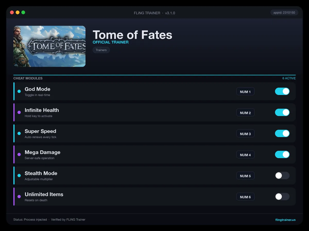 Tome of Fates Trainer interface