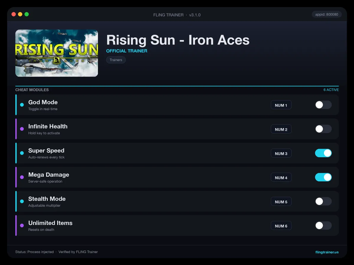 Rising Sun - Iron Aces Trainer interface