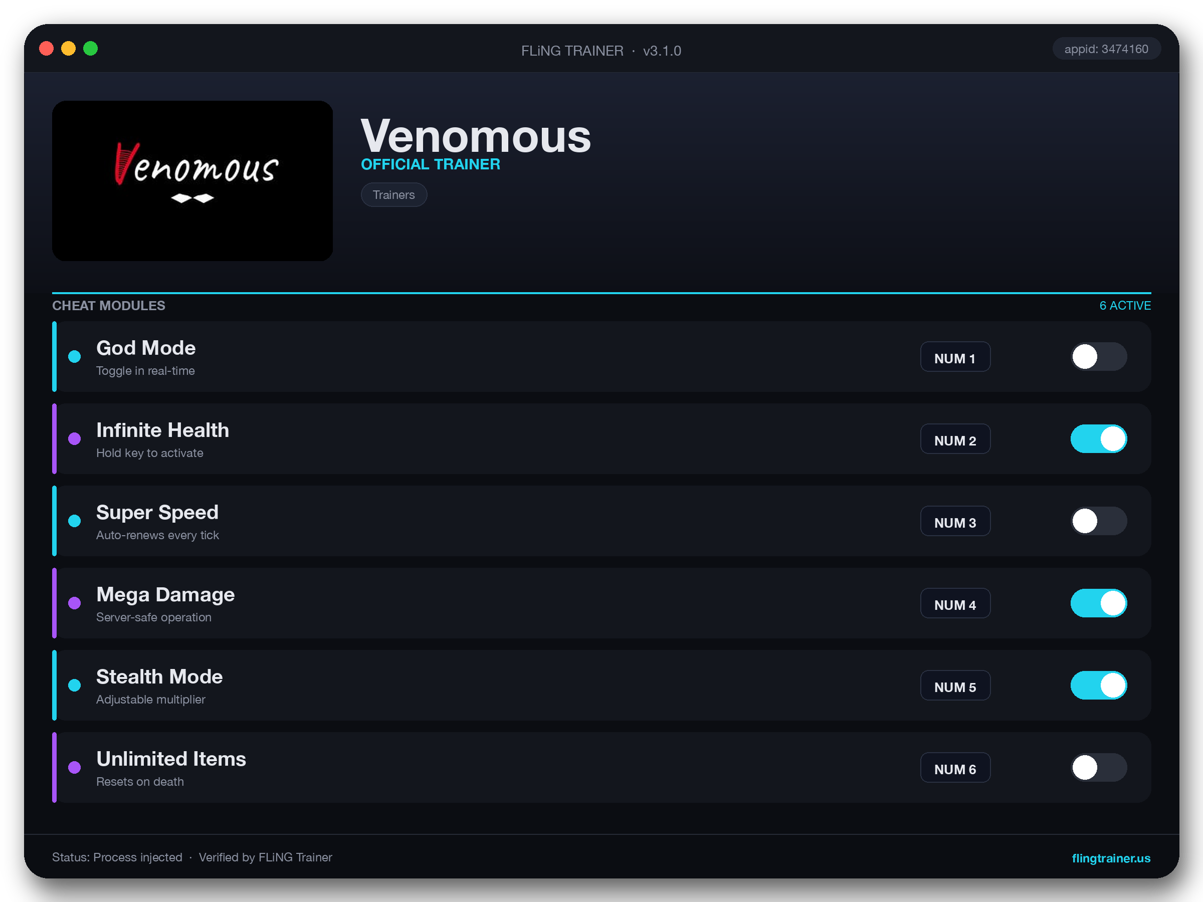 Venomous Trainer interface