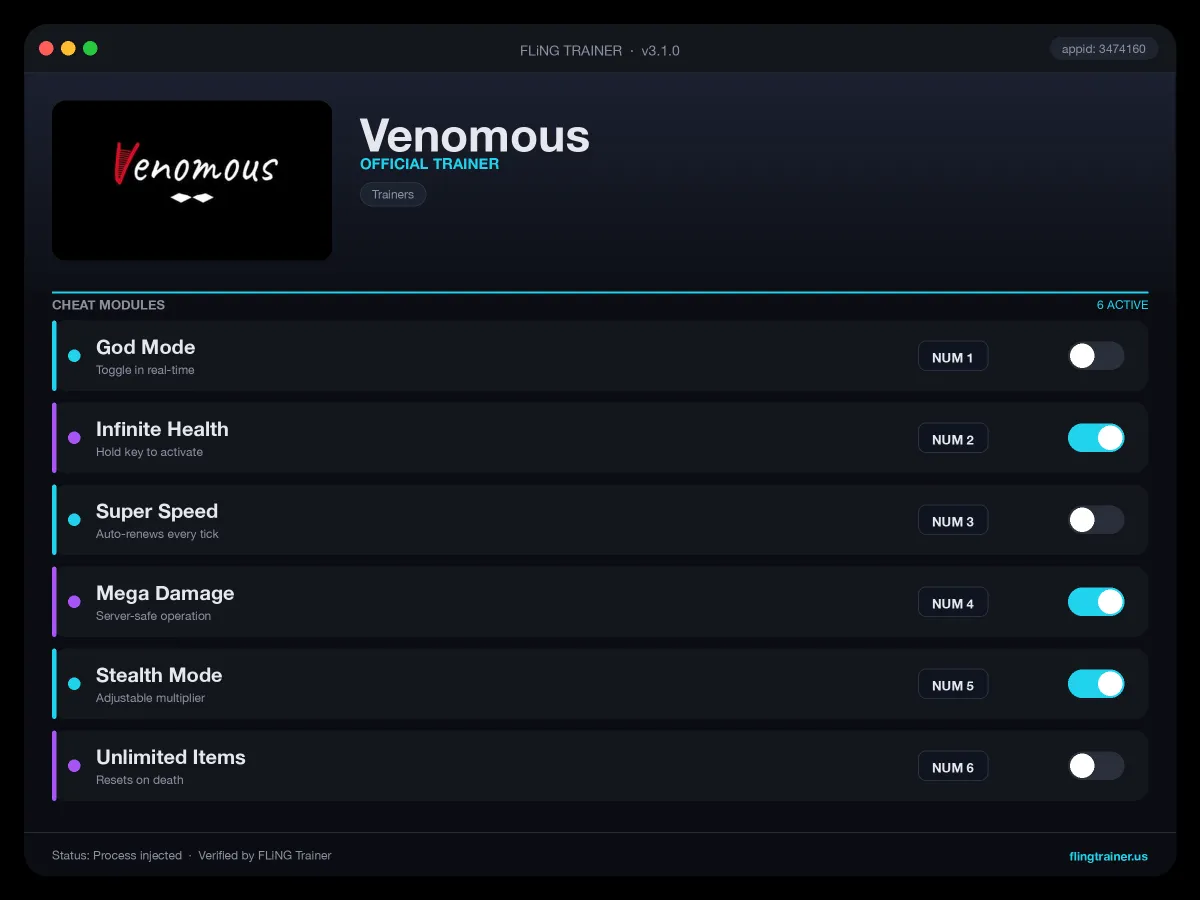 Venomous Trainer interface