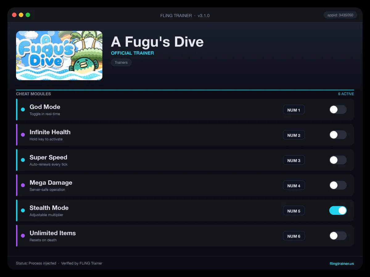 A Fugu's Dive Trainer interface