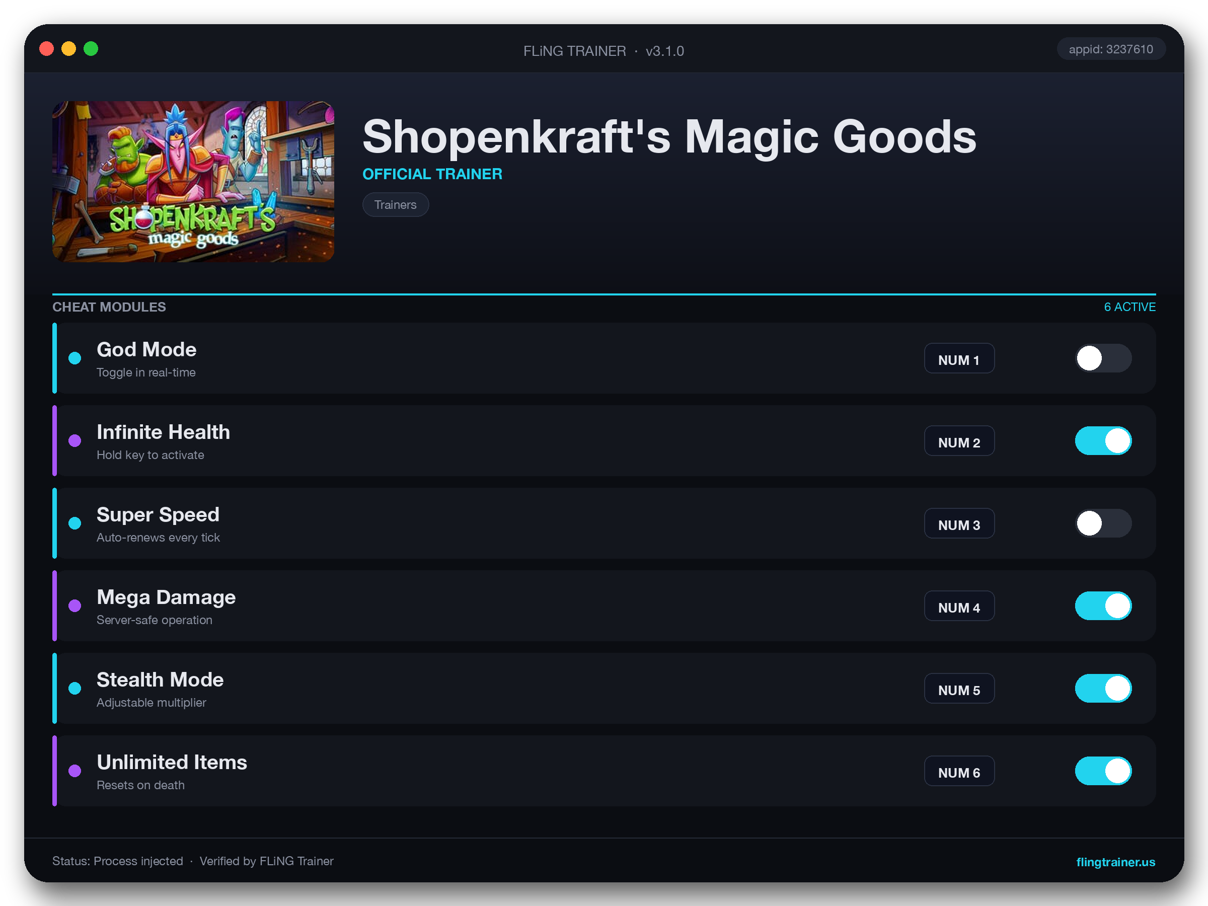 Shopenkraft's Magic Goods Trainer interface