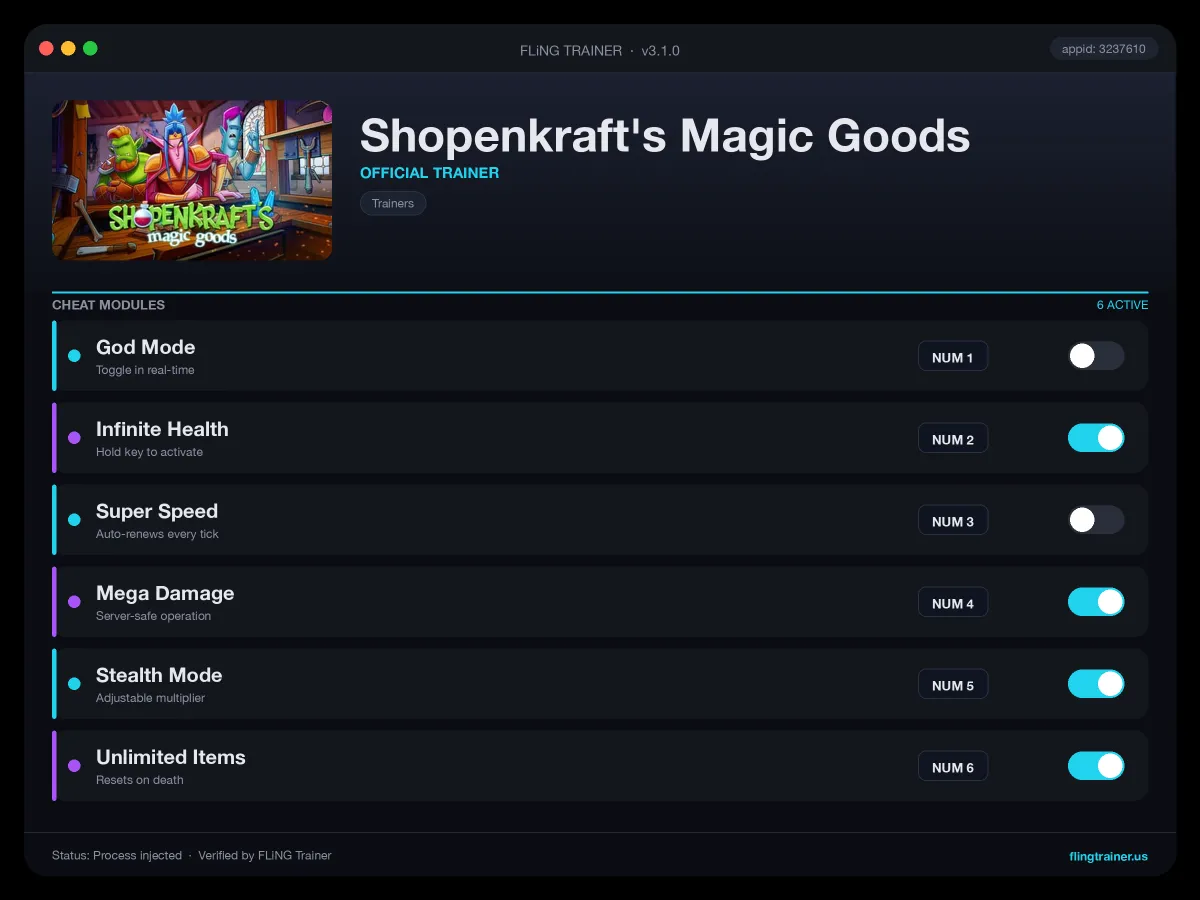 Shopenkraft's Magic Goods Trainer interface