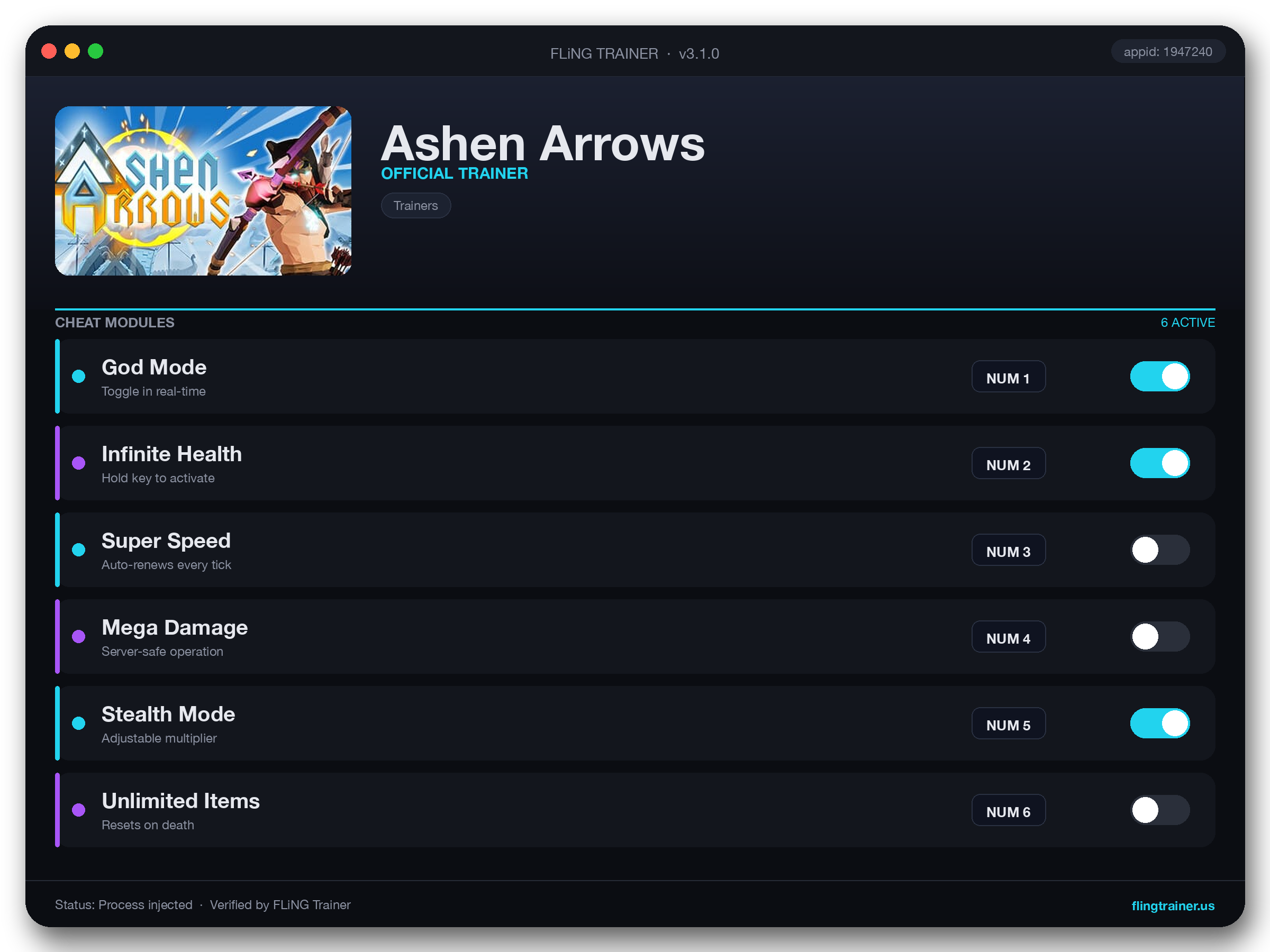 Ashen Arrows Trainer interface