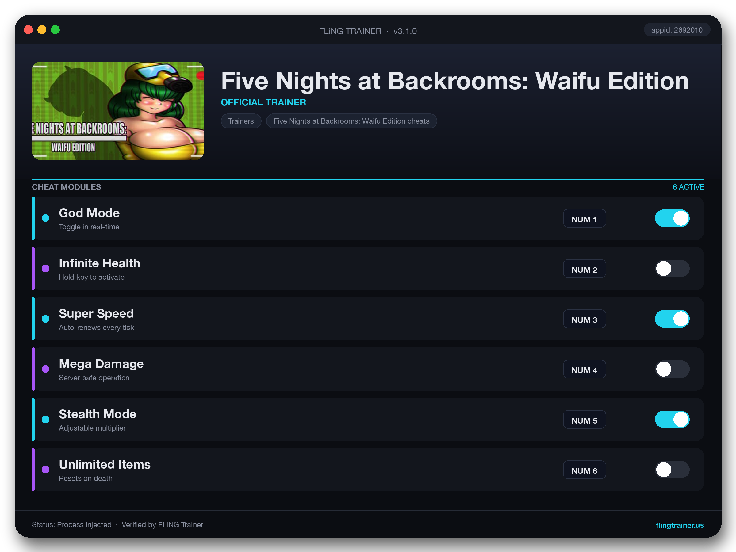 Five Nights at Backrooms: Waifu Edition Trainer interface