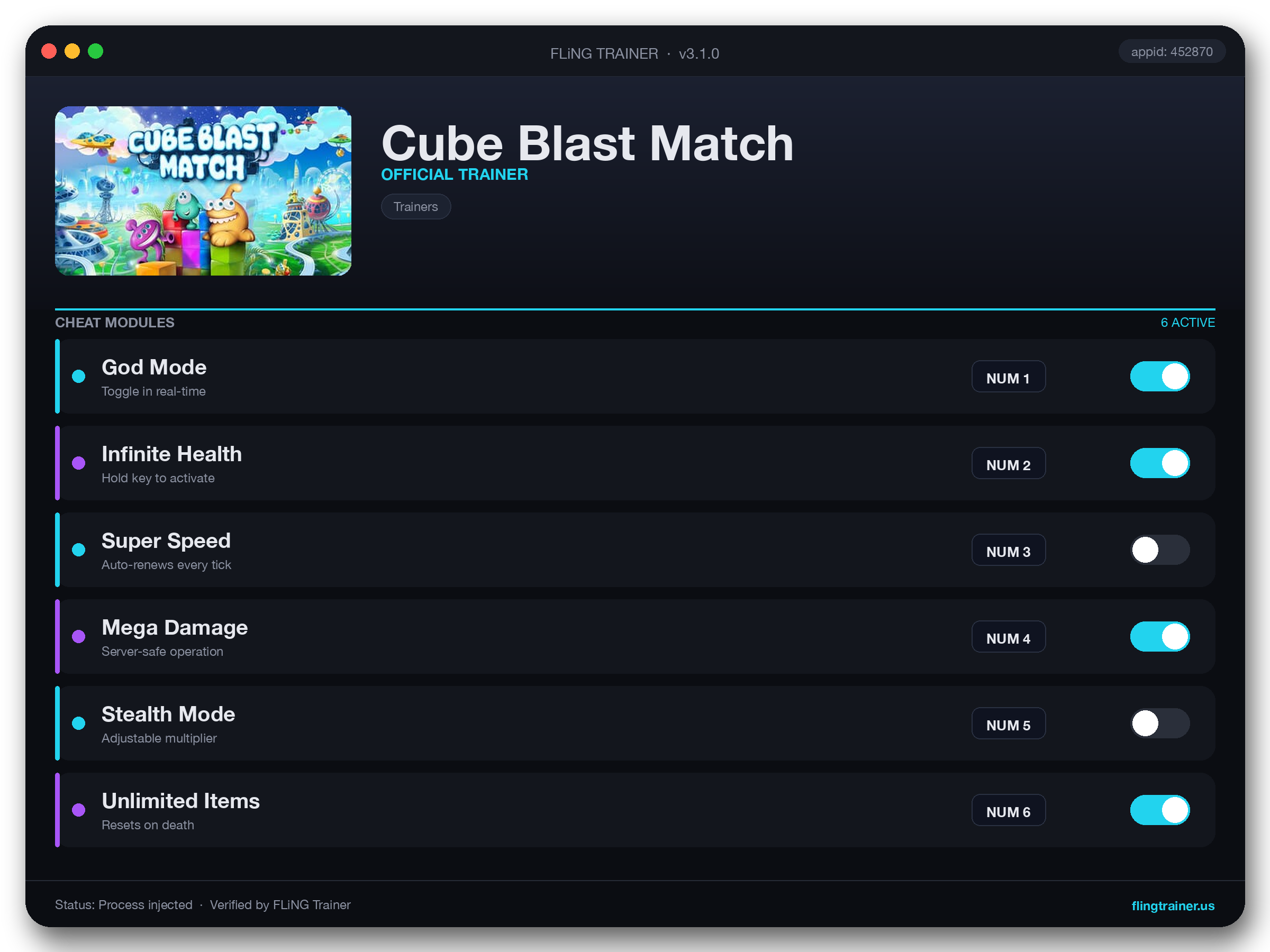 Cube Blast Match Trainer interface