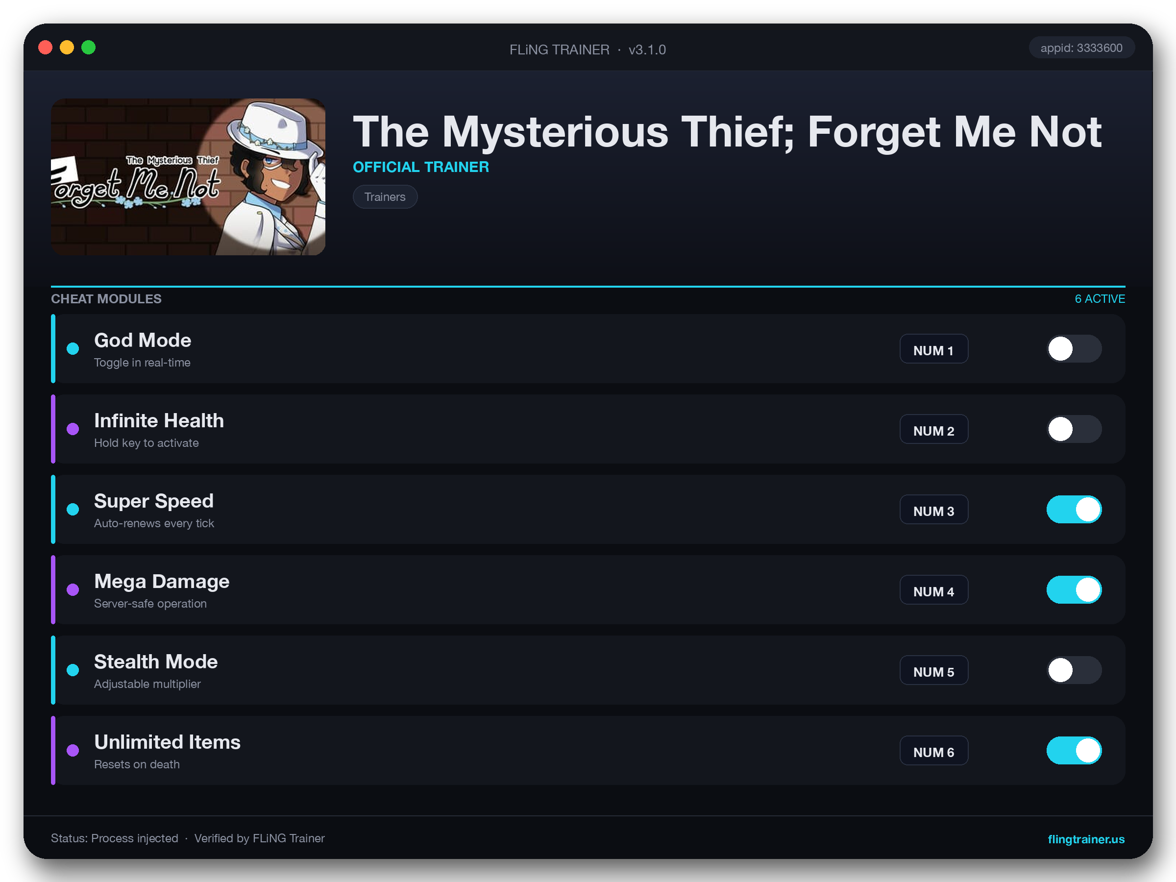 The Mysterious Thief; Forget Me Not Trainer interface