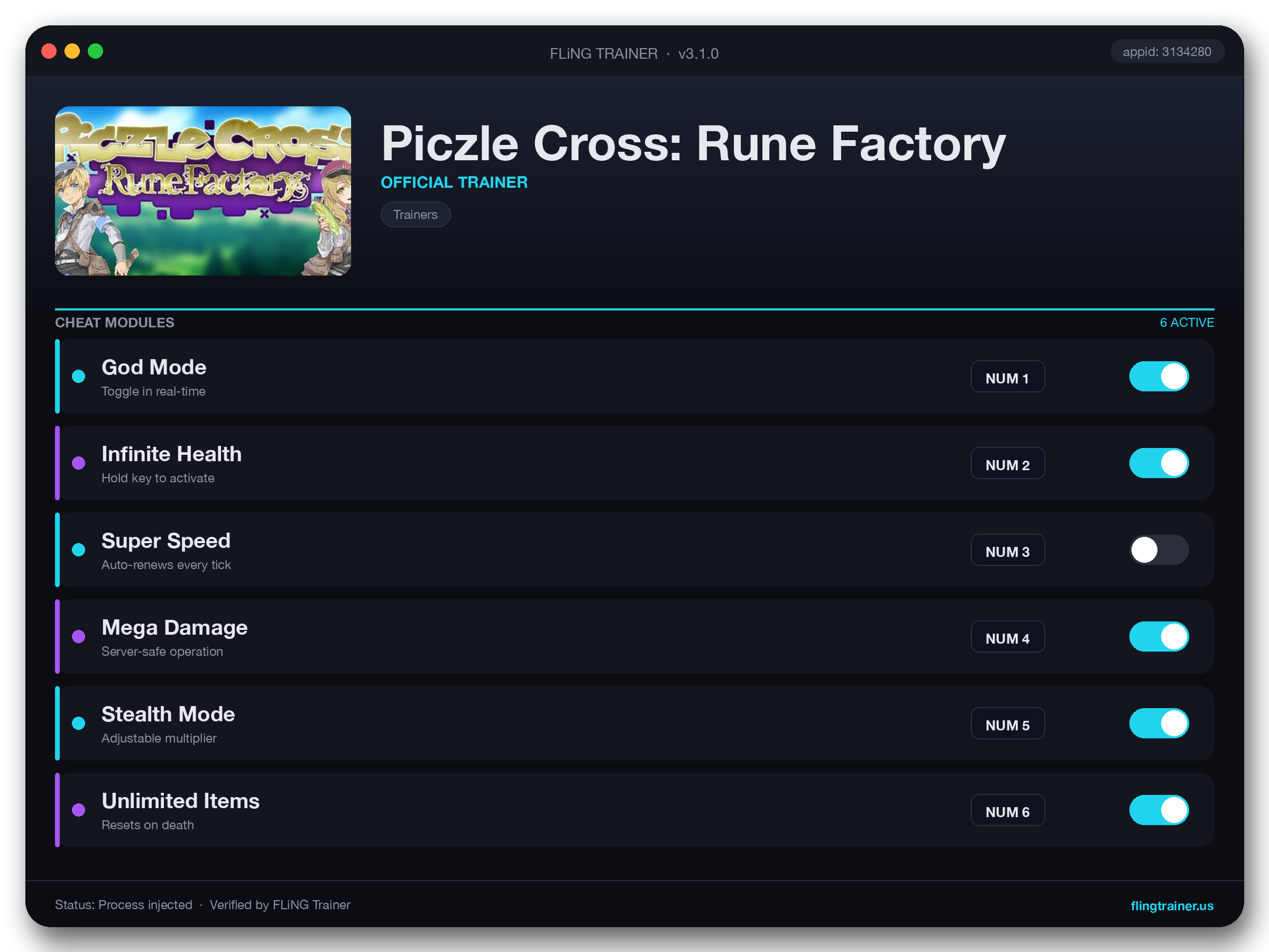 Piczle Cross: Rune Factory Trainer interface