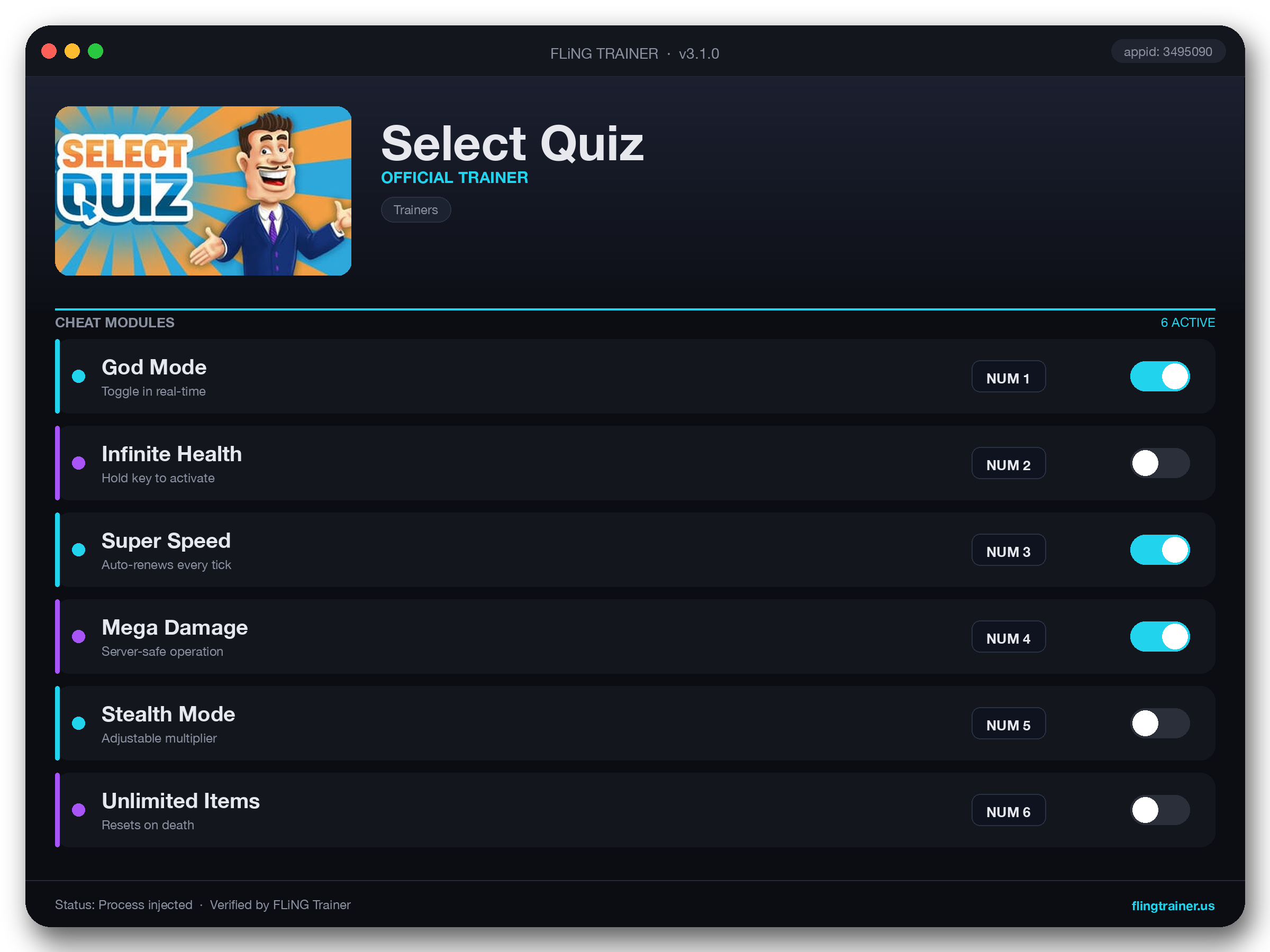 Select Quiz Trainer interface