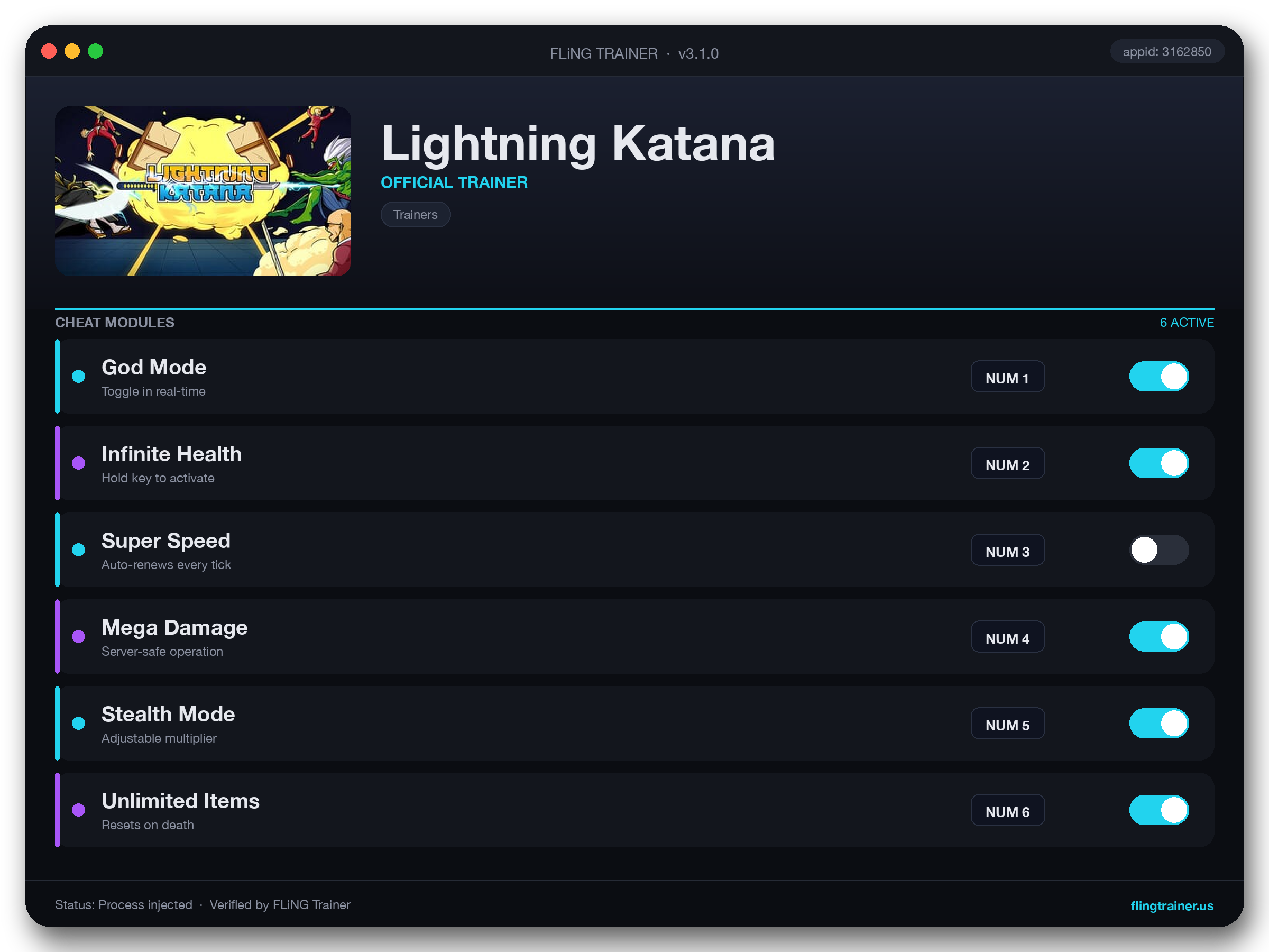 Lightning Katana Trainer interface