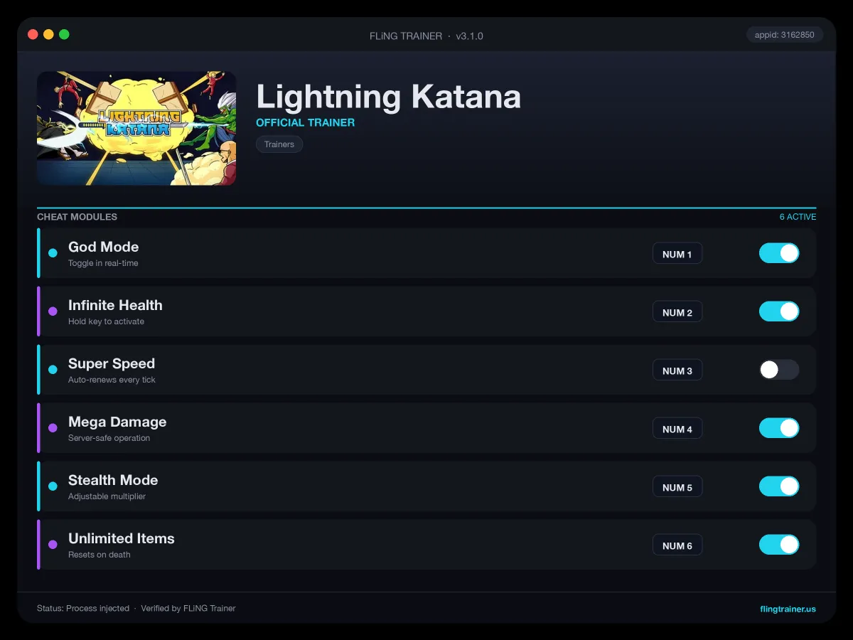 Lightning Katana Trainer interface