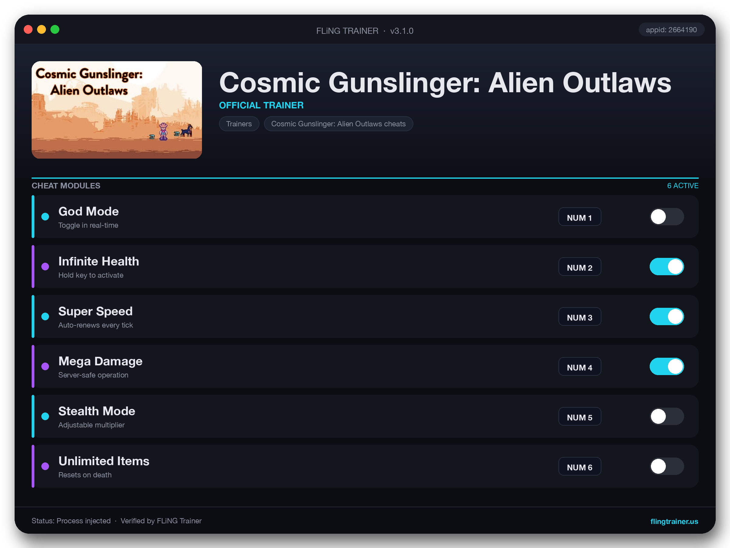 Cosmic Gunslinger: Alien Outlaws Trainer interface
