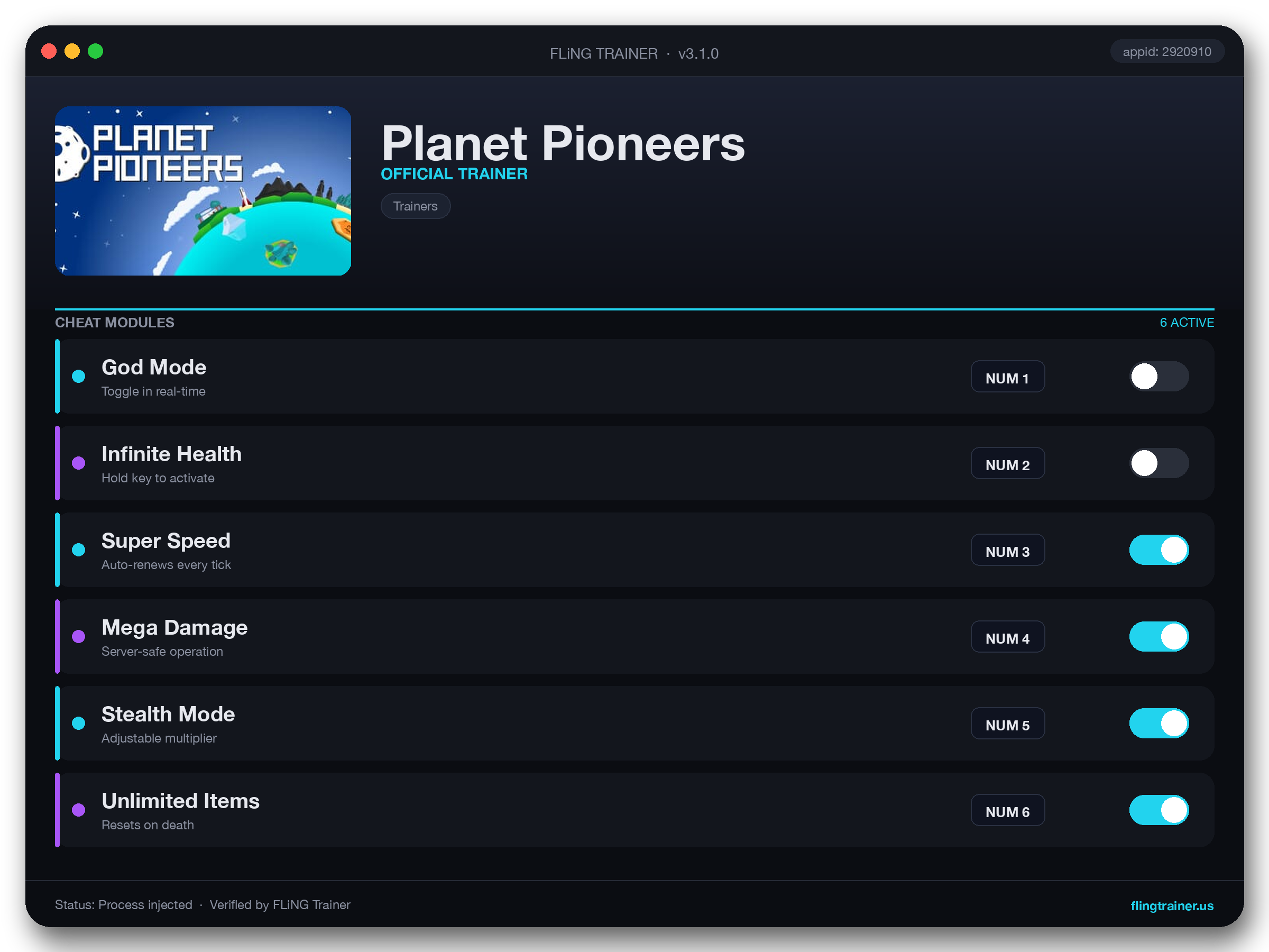 Planet Pioneers Trainer interface