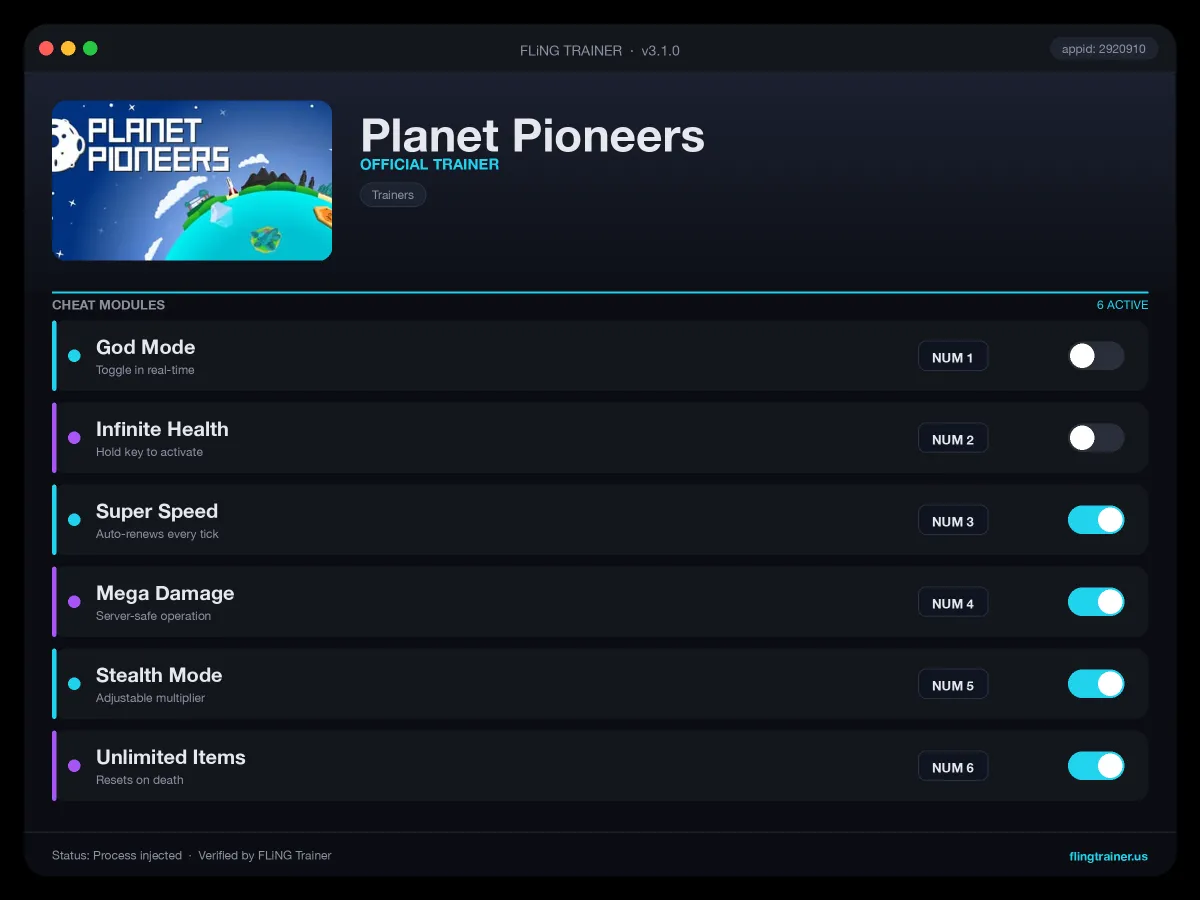Planet Pioneers Trainer interface