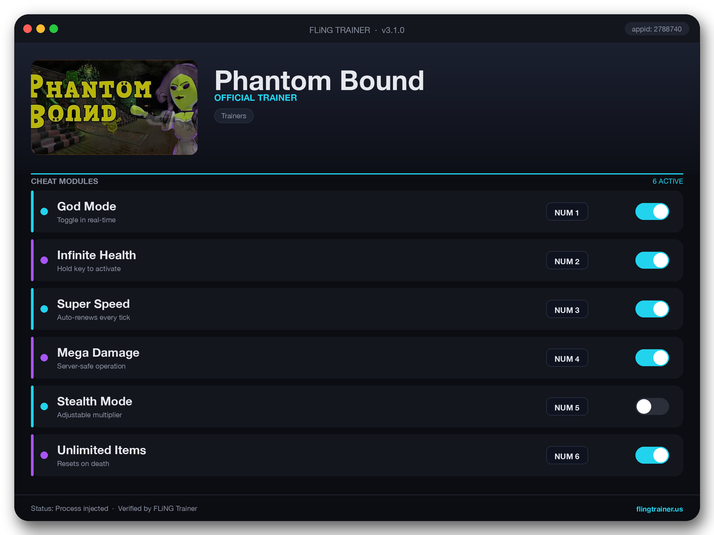 Phantom Bound Trainer interface