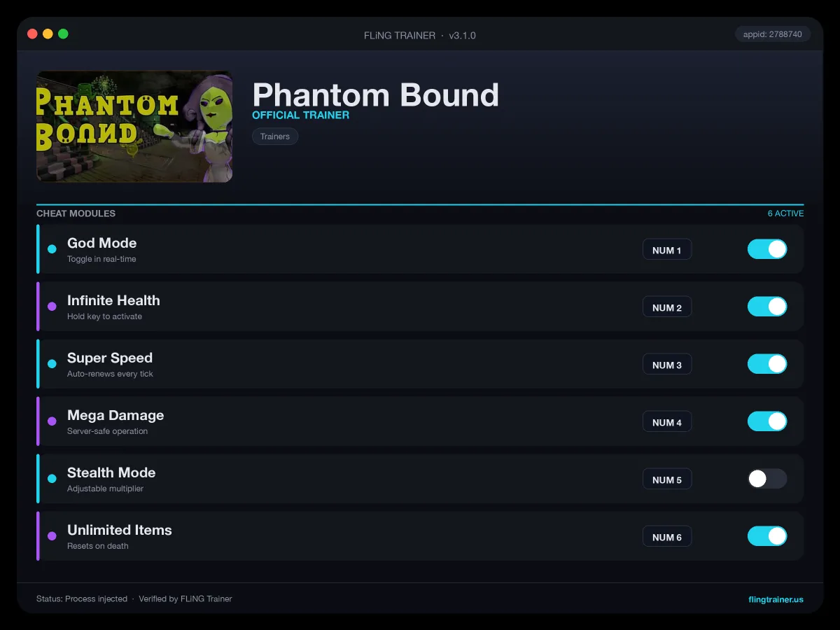 Phantom Bound Trainer interface