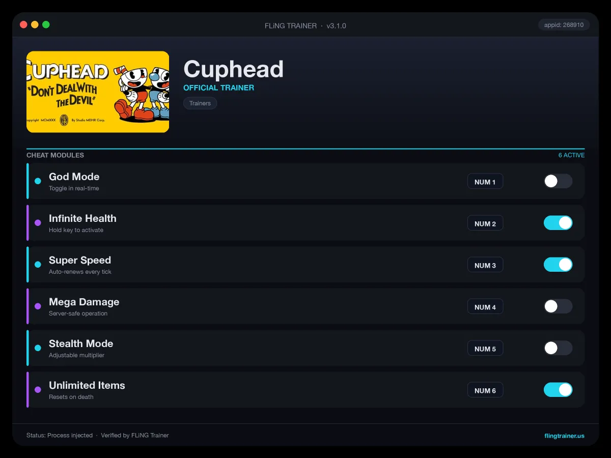 Cuphead Trainer interface