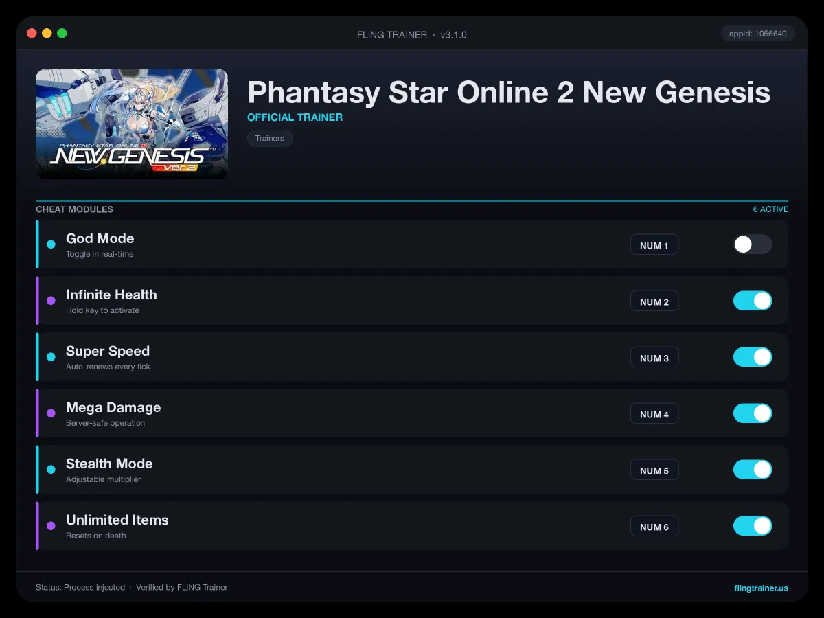 Phantasy Star Online 2 New Genesis Trainer interface