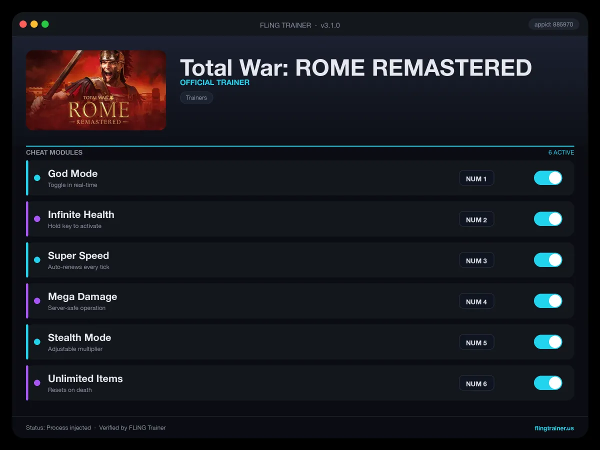 Total War: ROME REMASTERED Trainer interface