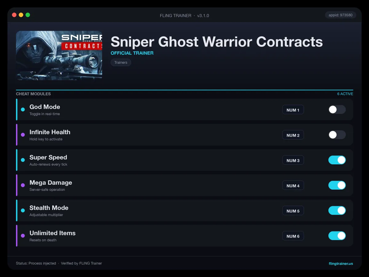 Sniper Ghost Warrior Contracts Trainer interface