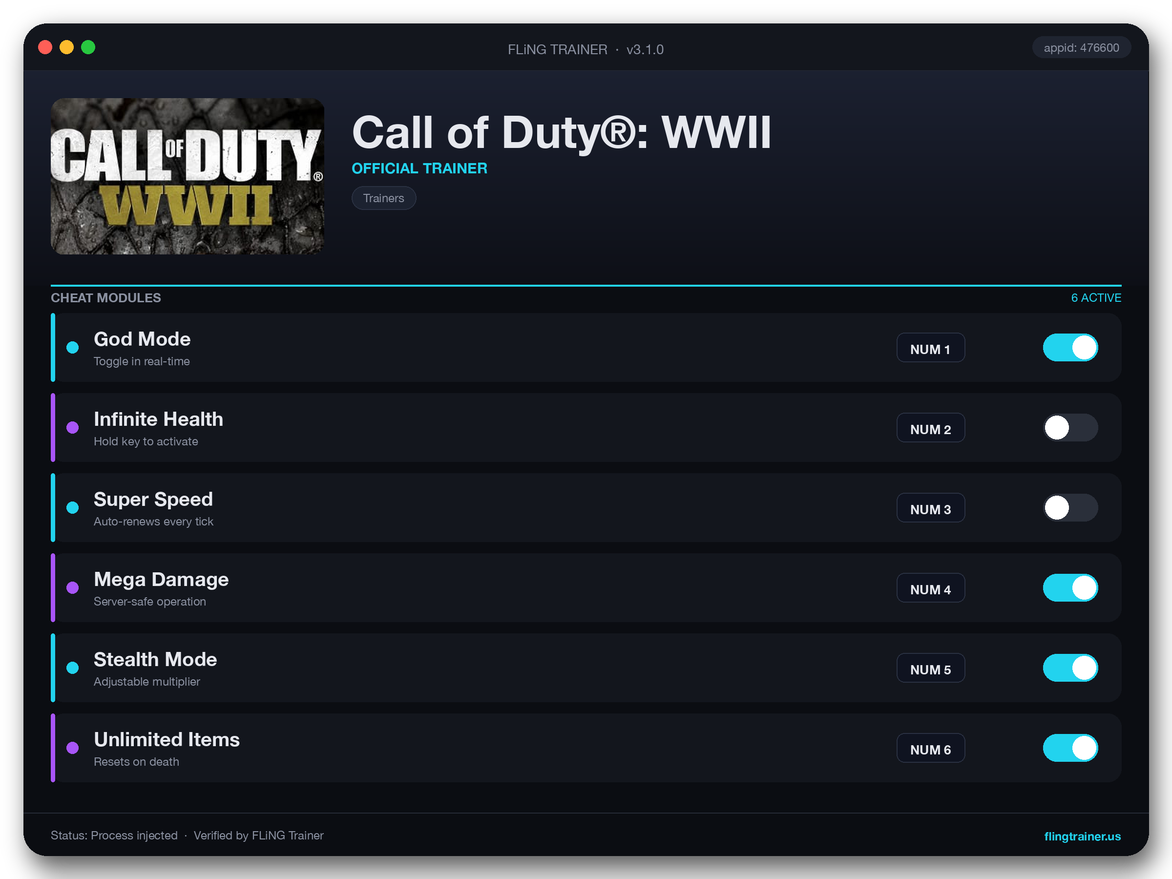 Call of Duty®: WWII Trainer interface