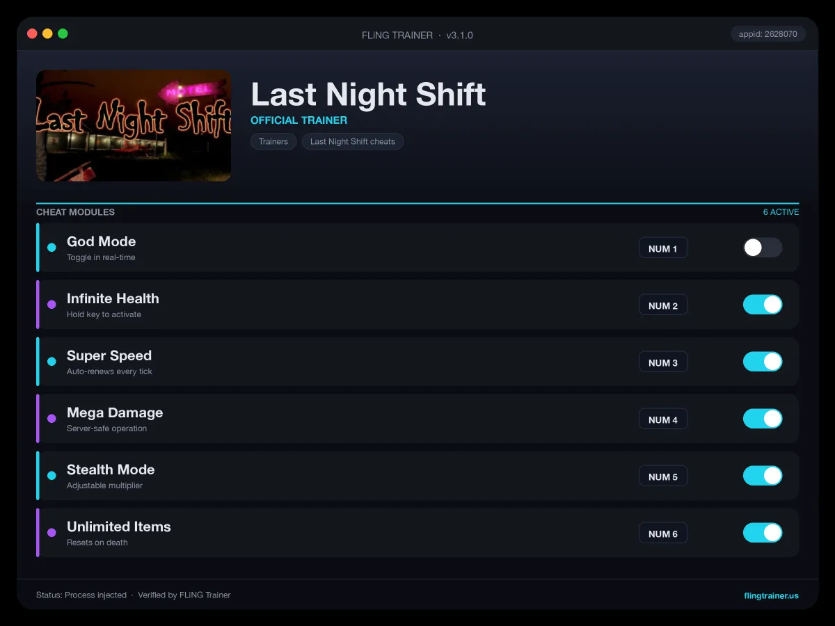 Last Night Shift Trainer interface
