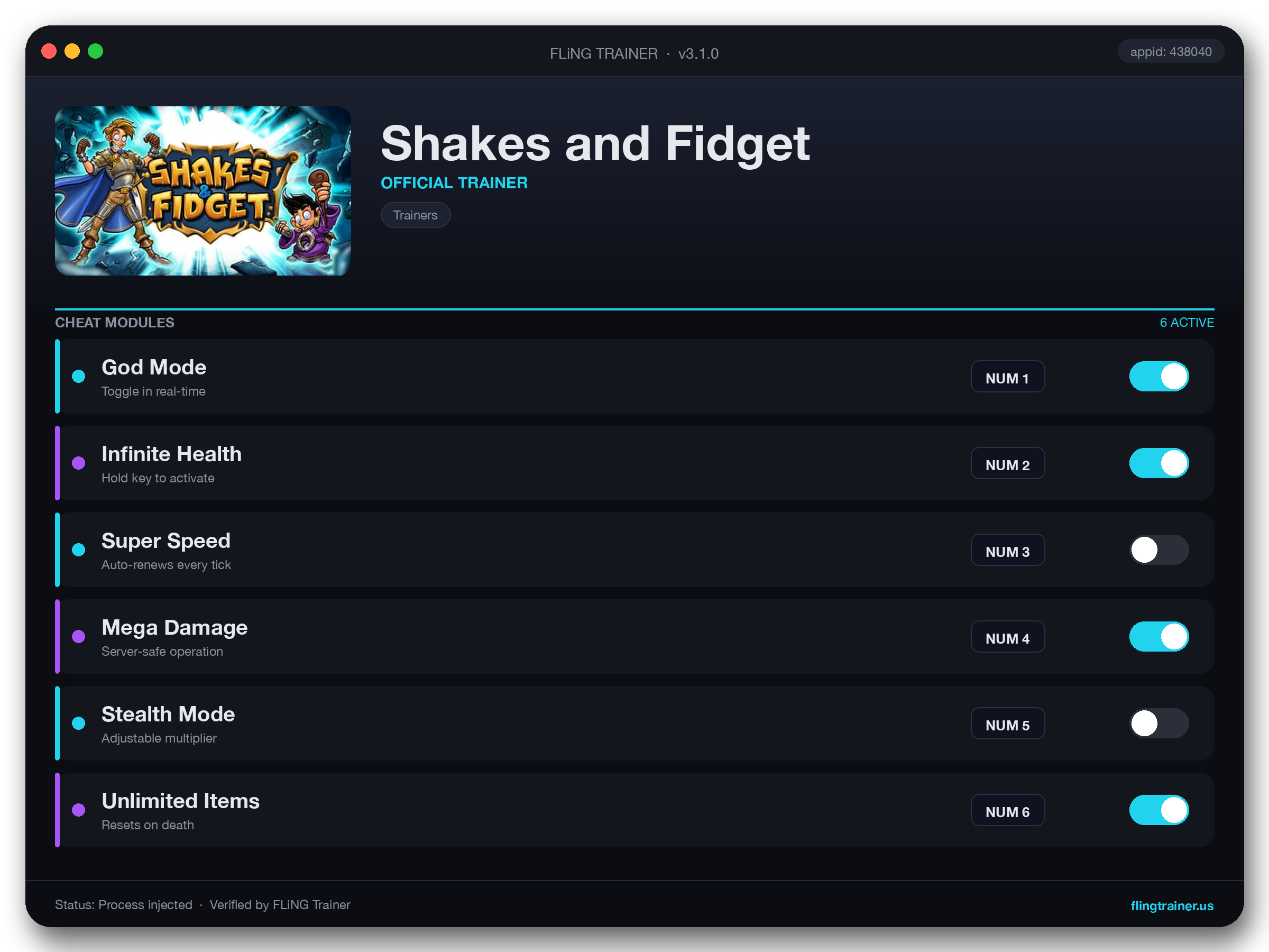 Shakes and Fidget Trainer interface