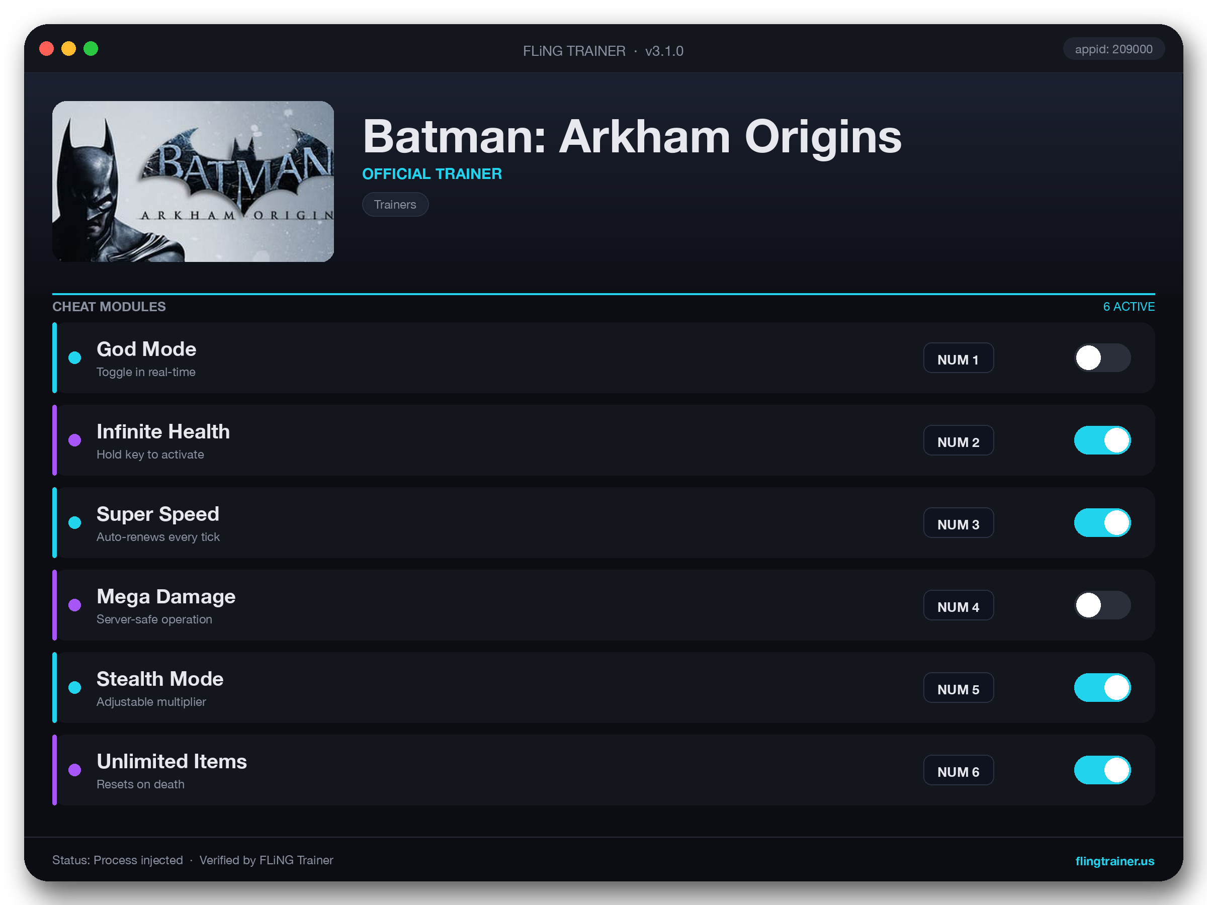 Batman: Arkham Origins Trainer interface