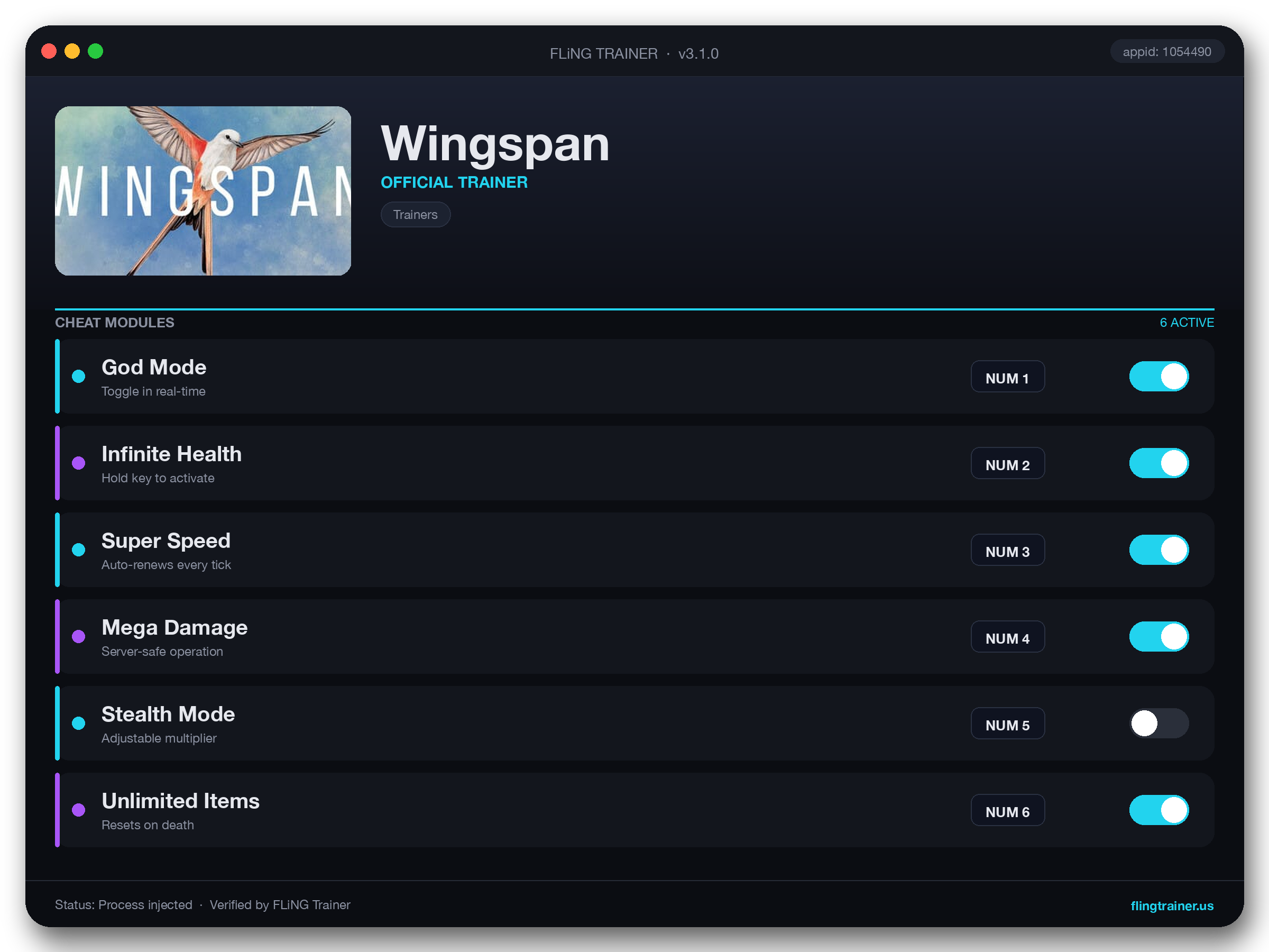 Wingspan Trainer interface
