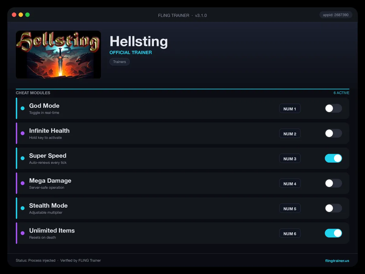 Hellsting Trainer interface