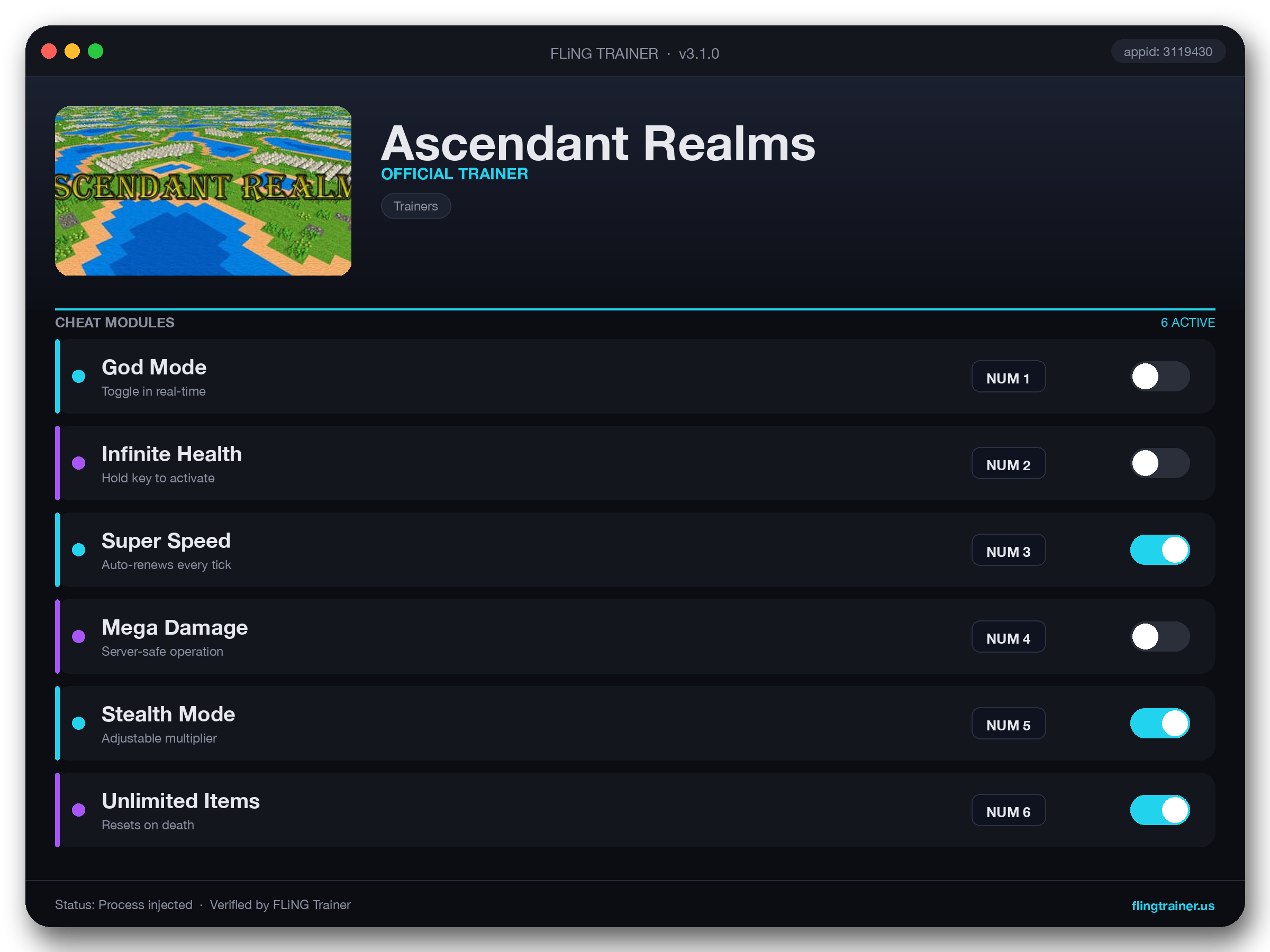 Ascendant Realms Trainer interface