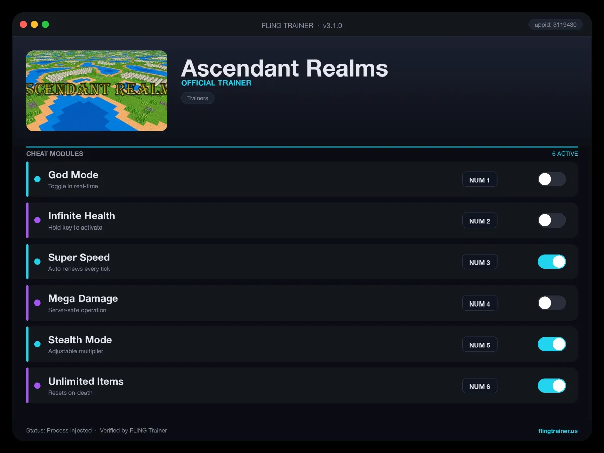 Ascendant Realms Trainer interface