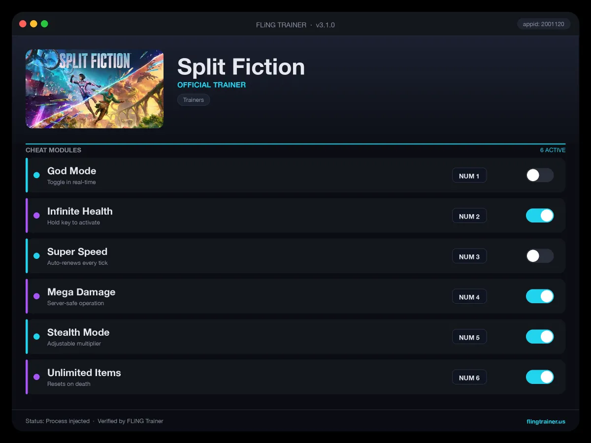 Split Fiction Trainer interface