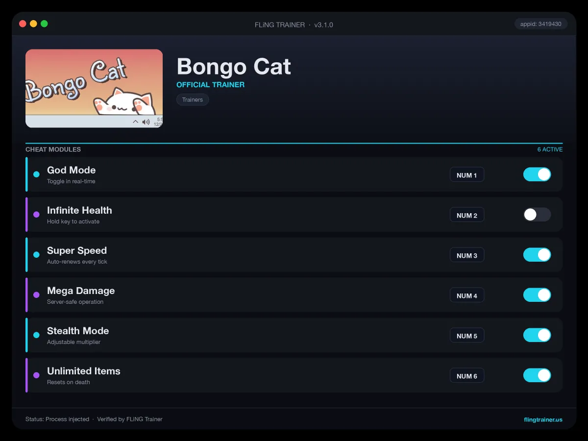 Bongo Cat Trainer interface