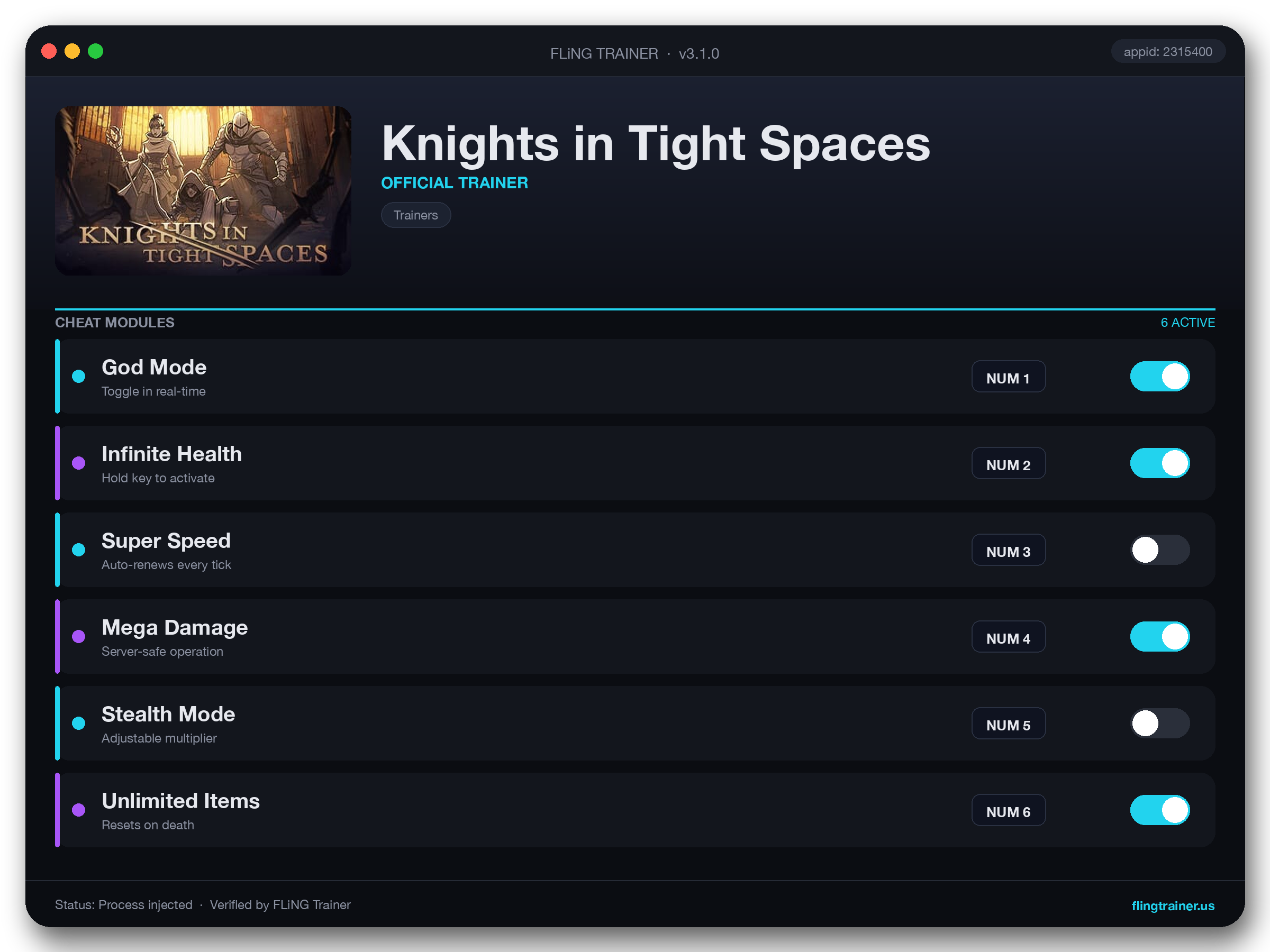 Knights in Tight Spaces Trainer interface