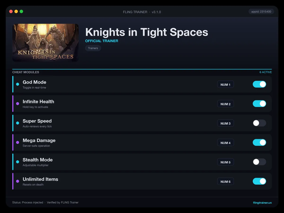 Knights in Tight Spaces Trainer interface