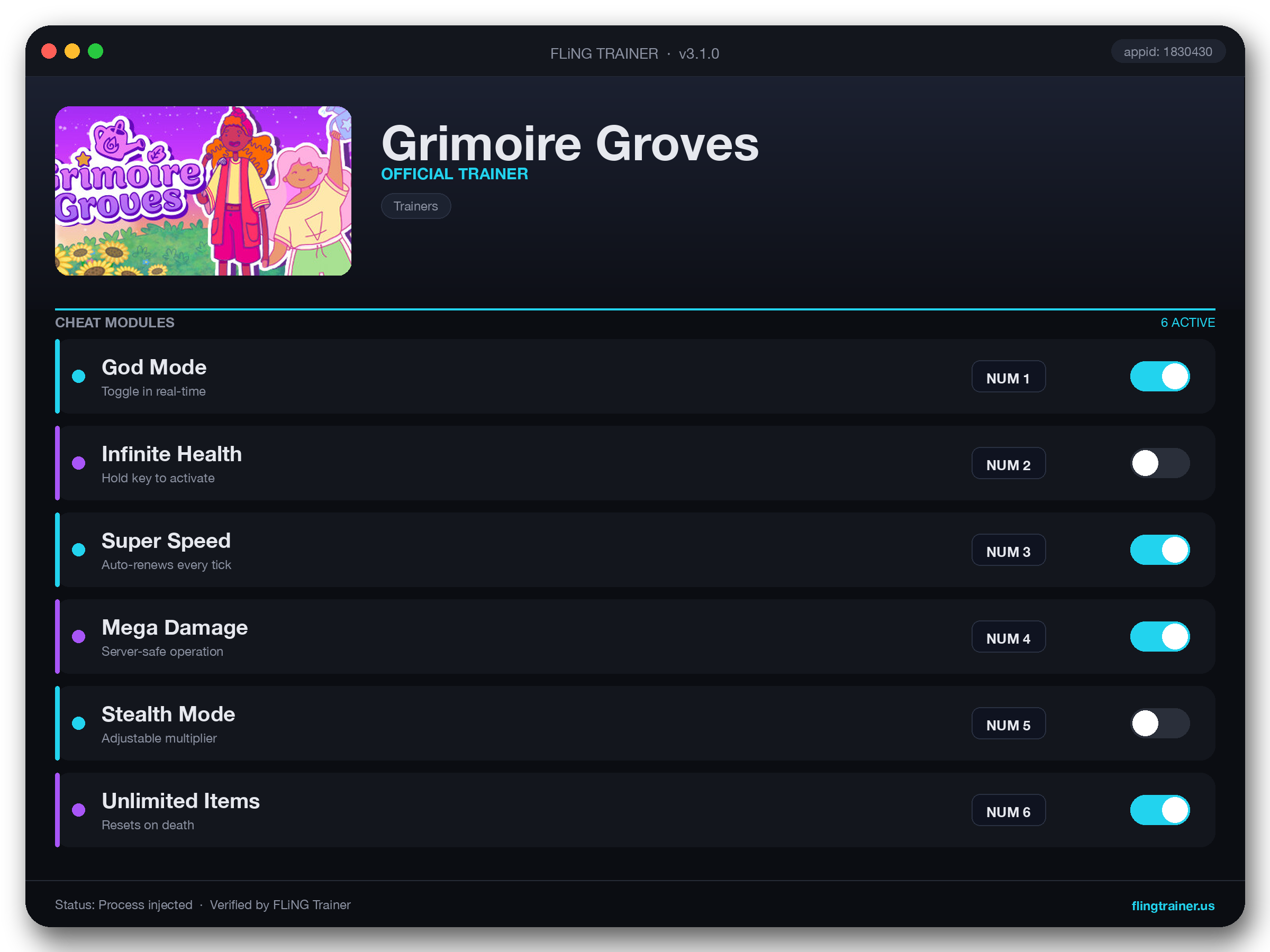 Grimoire Groves Trainer interface