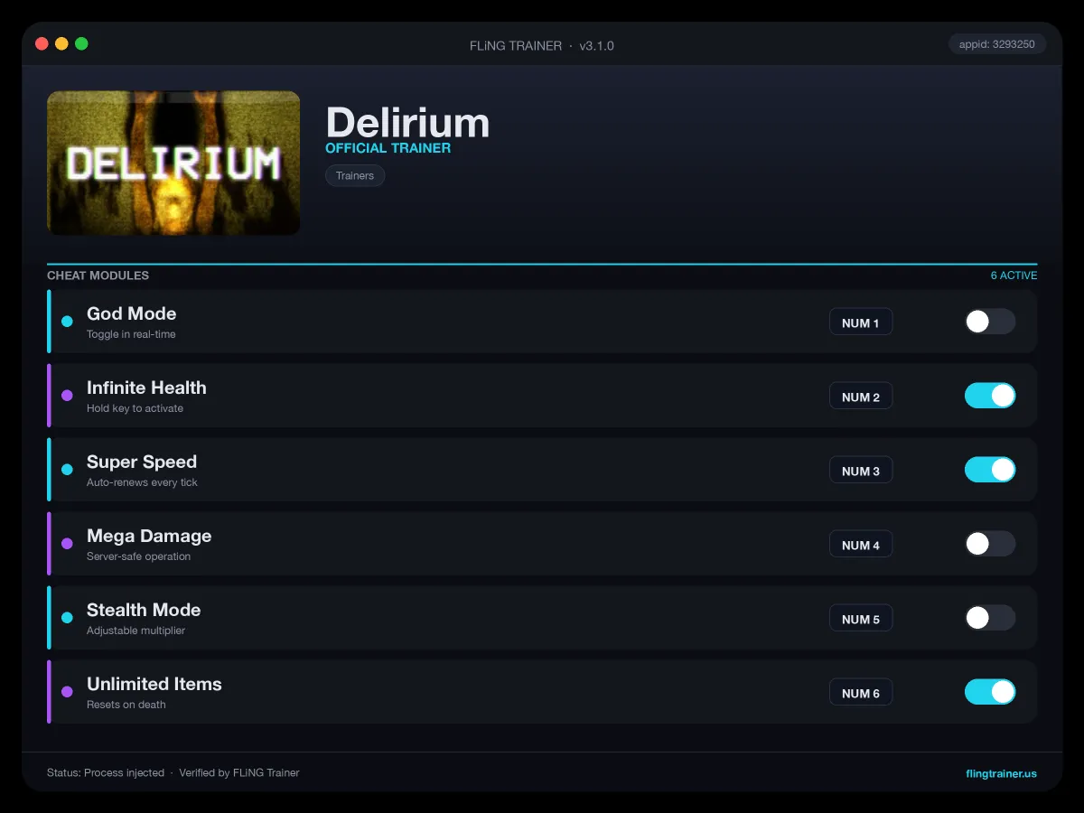 Delirium Trainer interface