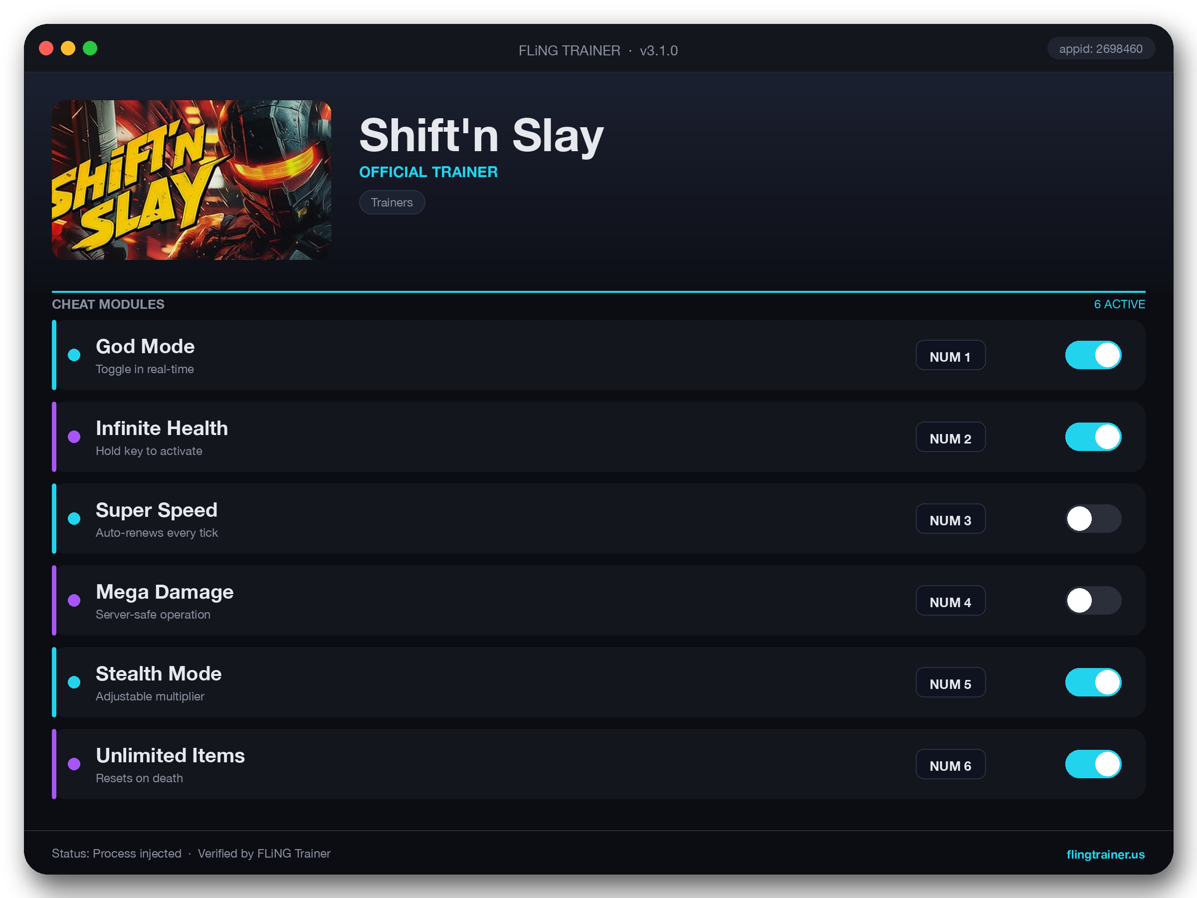 Shift'n Slay Trainer interface