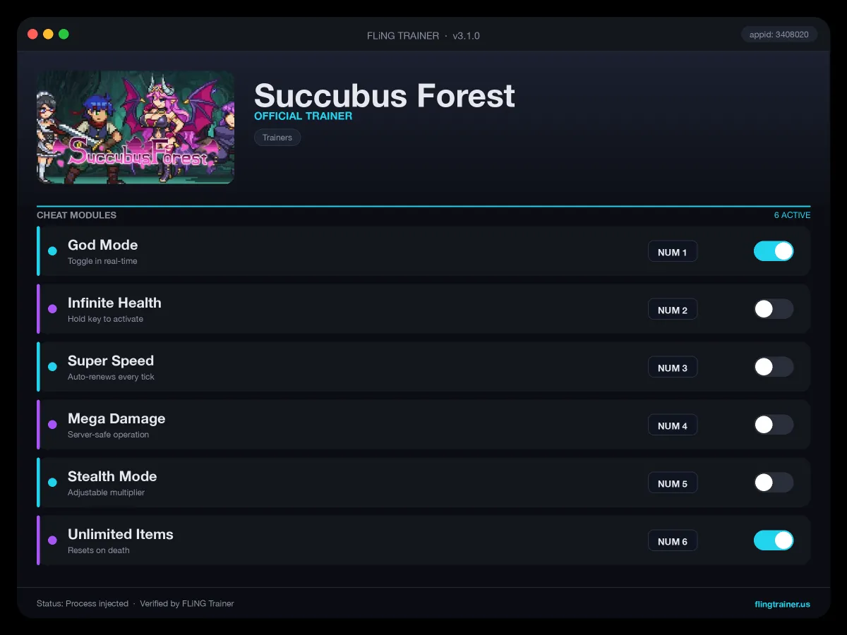 Succubus Forest Trainer interface